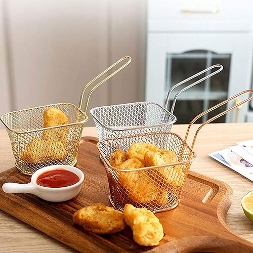 Miniatura 2 de 4 cestas cuadradas de acero para papas fritas, cestas de alimentos para servir de acero inoxidable con asa, soporte reutilizable para papas fritas,