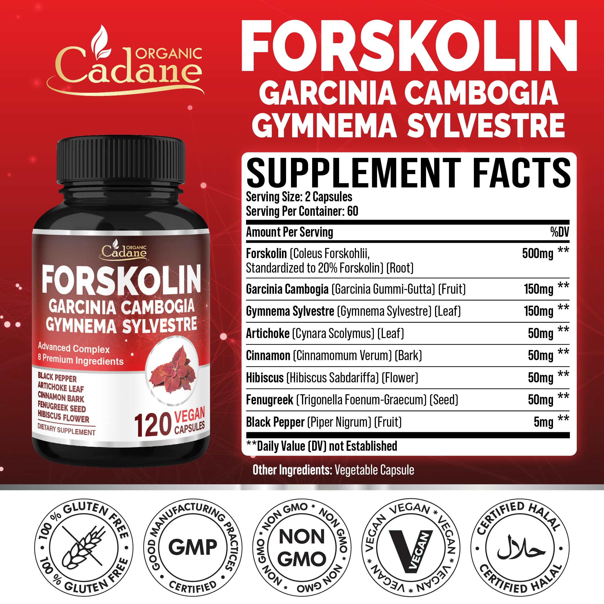 Cadane Forskolin Supplement with Garcinia Cambogia, Gymnema Sylvestre, Cinnamon Bark and More - Vegan, Non-GMO – 120 Capsules – 60-Day Supply — Amazon image 2