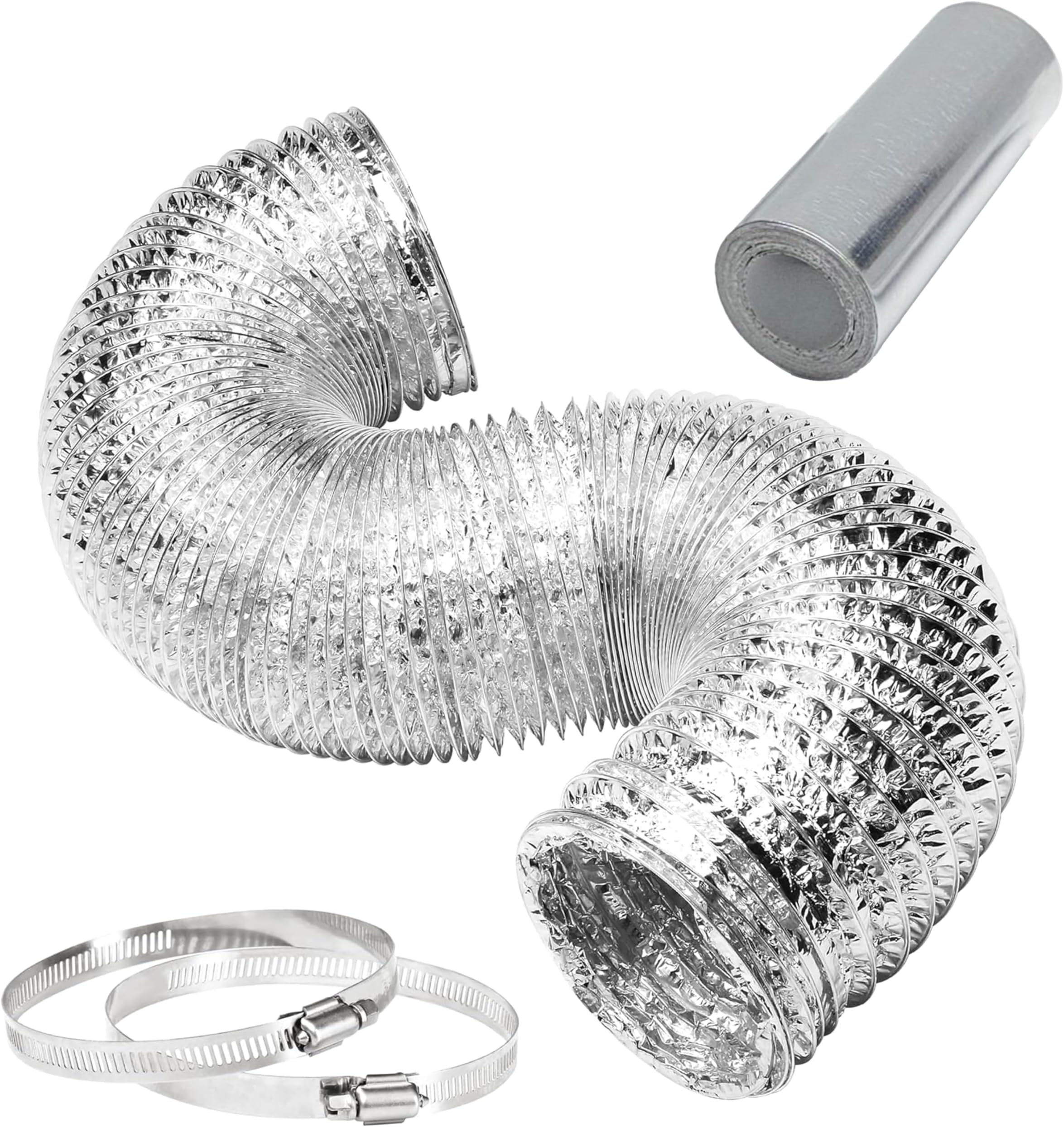 iPower 1-Pack 4 Inch 8 Feet Non-Insulated Flex Air Aluminum Ducting Dryer Vent Hose for HVAC Ventilation, 2 Clamps Included, Silver