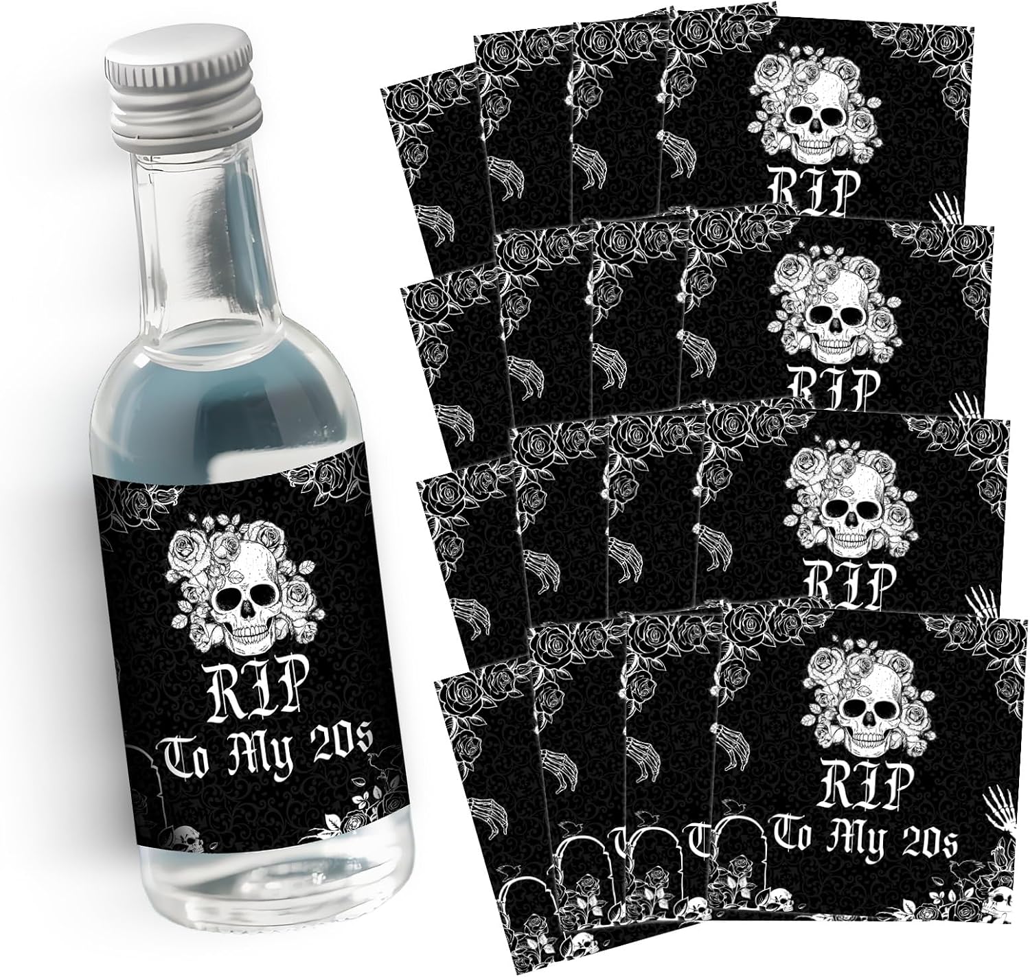 Gothic-Themed 30th Birthday Mini Wine & Champagne Bottle Labels Party Favors 50pcs – Rip To My 20s Mini Liquor Bottles Shot Glass Labels Stickers Happy Birthday Party Decorations