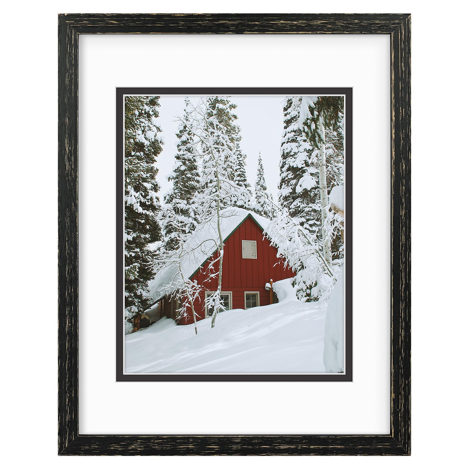 Golden State Art, 11x14 Distressed Black Wood Frame with White over Black Double Mat - Displays 8x10 Photos - Real Glass, Sawtooth Hangers, Back Turn Buttons - Wall Mounting, Landscape, Portrait