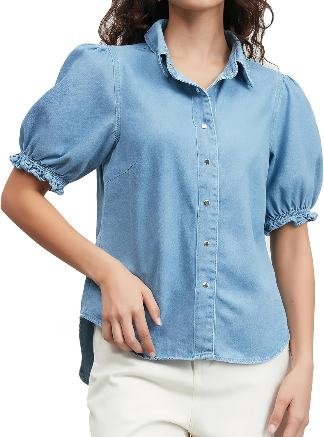 Ladyful Womens Denim Shirt Button Down Puff Short Sleeve Jean Work Blouses Chambray Babydoll Summer Tops