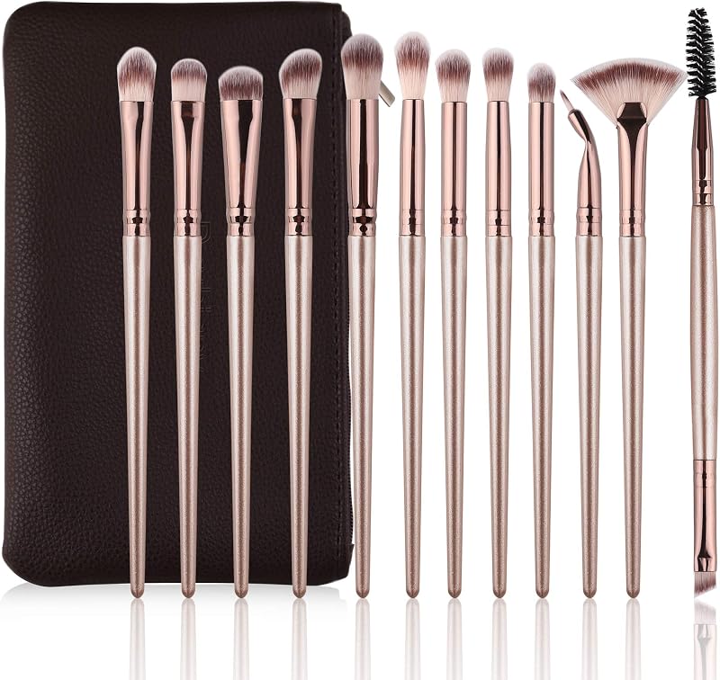 Eye Makeup Brushes,12 PCS Professional Eye shadow, Concealer, Eyebrow, Foundation, Powder Liquid Cream Blending Brushes Set With Carrying Bag(Champagne Gold)