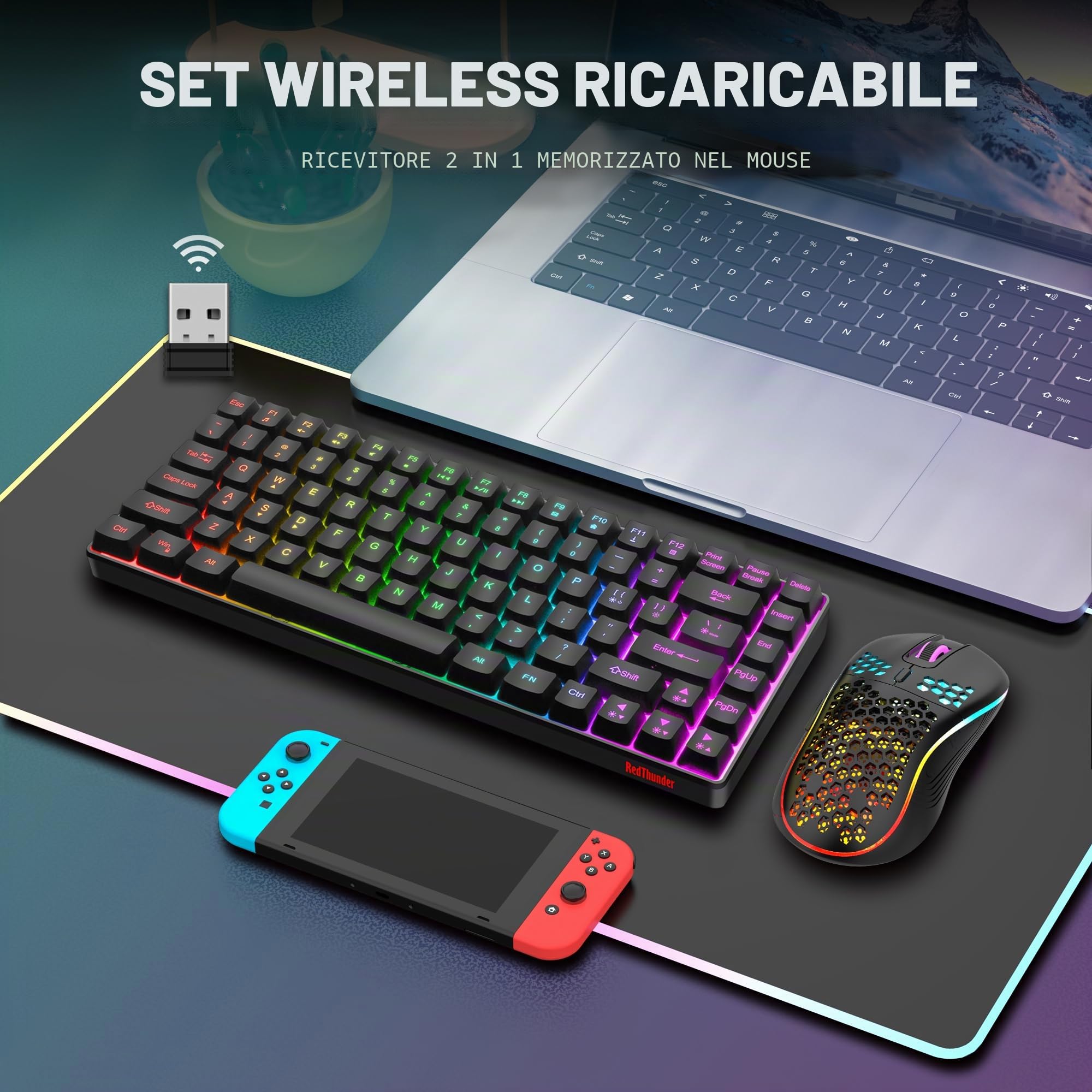 RedThunder K84 Tastiera e mouse da gioco wireless al 75% con retroilluminazione arcobaleno layout UK 85 tasti TKL ultra compatto mini design leggero mouse da gioco a nido d'ape per PC Mac PS5 Xbox