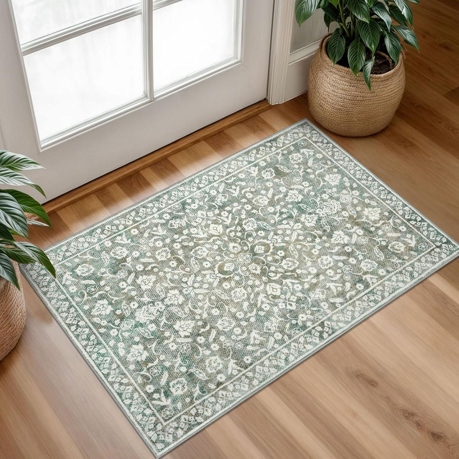 Vintage Entryway Rug Indoor, Sage Green Beige Washable Rug 2x3, Small Area Rug with Non-Slip Backing, Floral Print, Thin Faux Wool Super Soft Door Mat for Kitchen, Entrance, Bedroom, Office