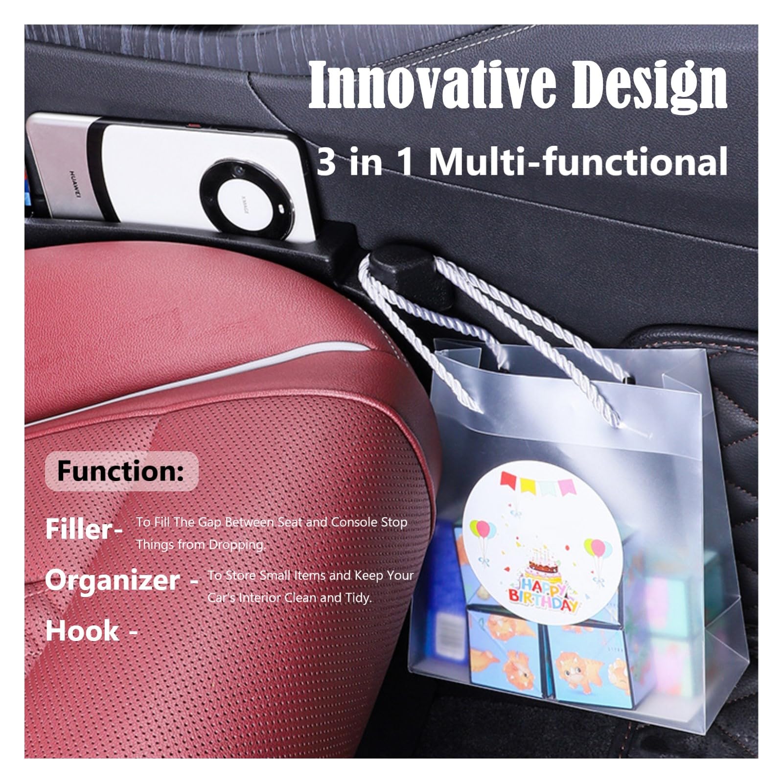 Car Seat Gap Filler Organizer 2 Pack, 3in1 Carseat Side Gap Plug with Filler, Organizer & Hook Functions, Gap Space Stopper Universal Fit Car SUV Truck Fill The Gap Between Seat & Console, Black