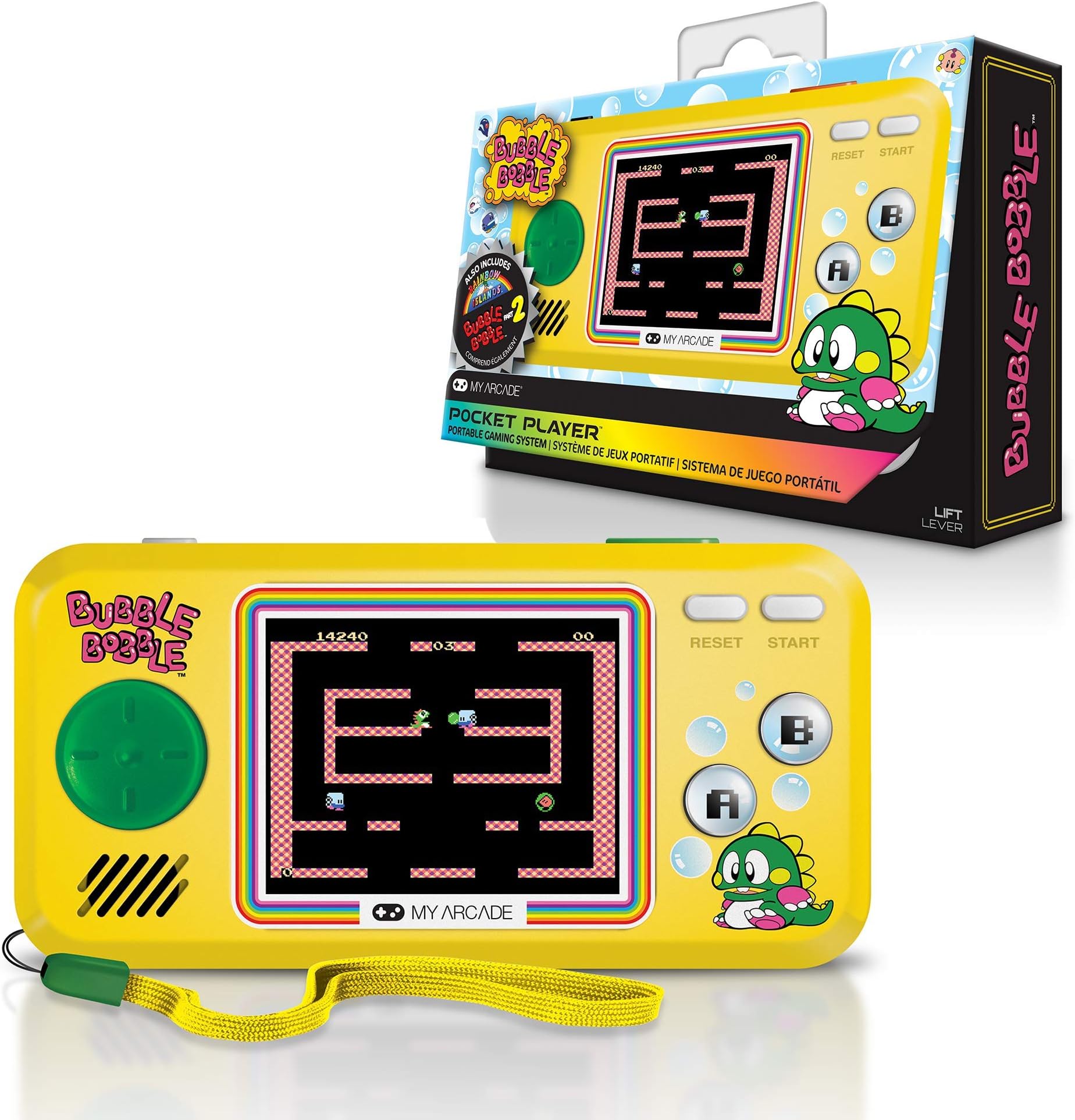 My Arcade Pocket Player Handheld Game Console: 3 Built in Games, Bubble Bobble 1 & 2, Rainbow Islands, Collectible, Full Color Display, Speaker, Volume Controls, Headphone Jack, Battery or Micro USB