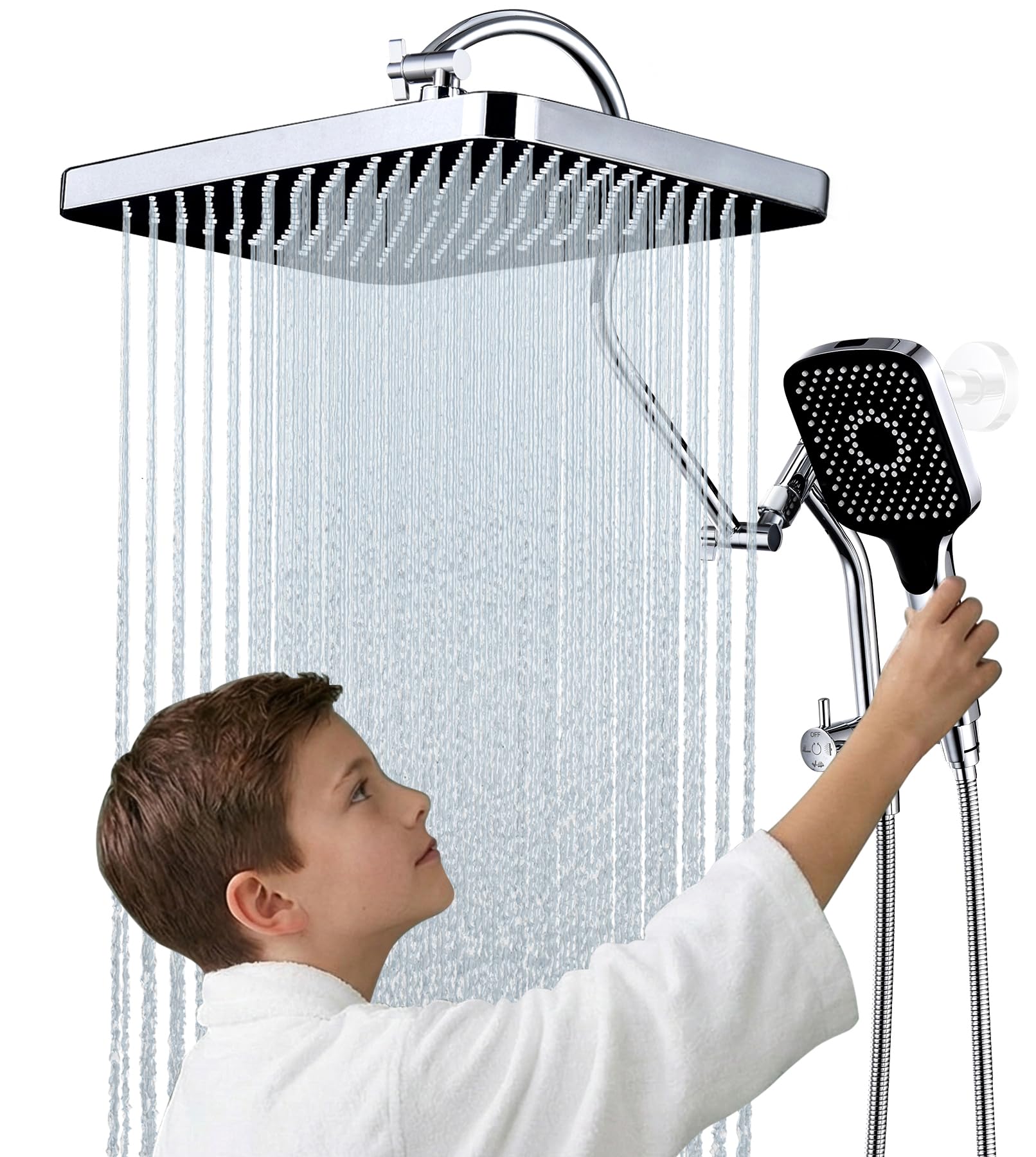 13 Inch Rainfall Shower Head with Multi-Function Handheld Sprayer Combo, 3-Way Metal Extended Diverter with Holder and Metal Adjustable Curved Shower Extension Arm, Extra Long Hose Chrome