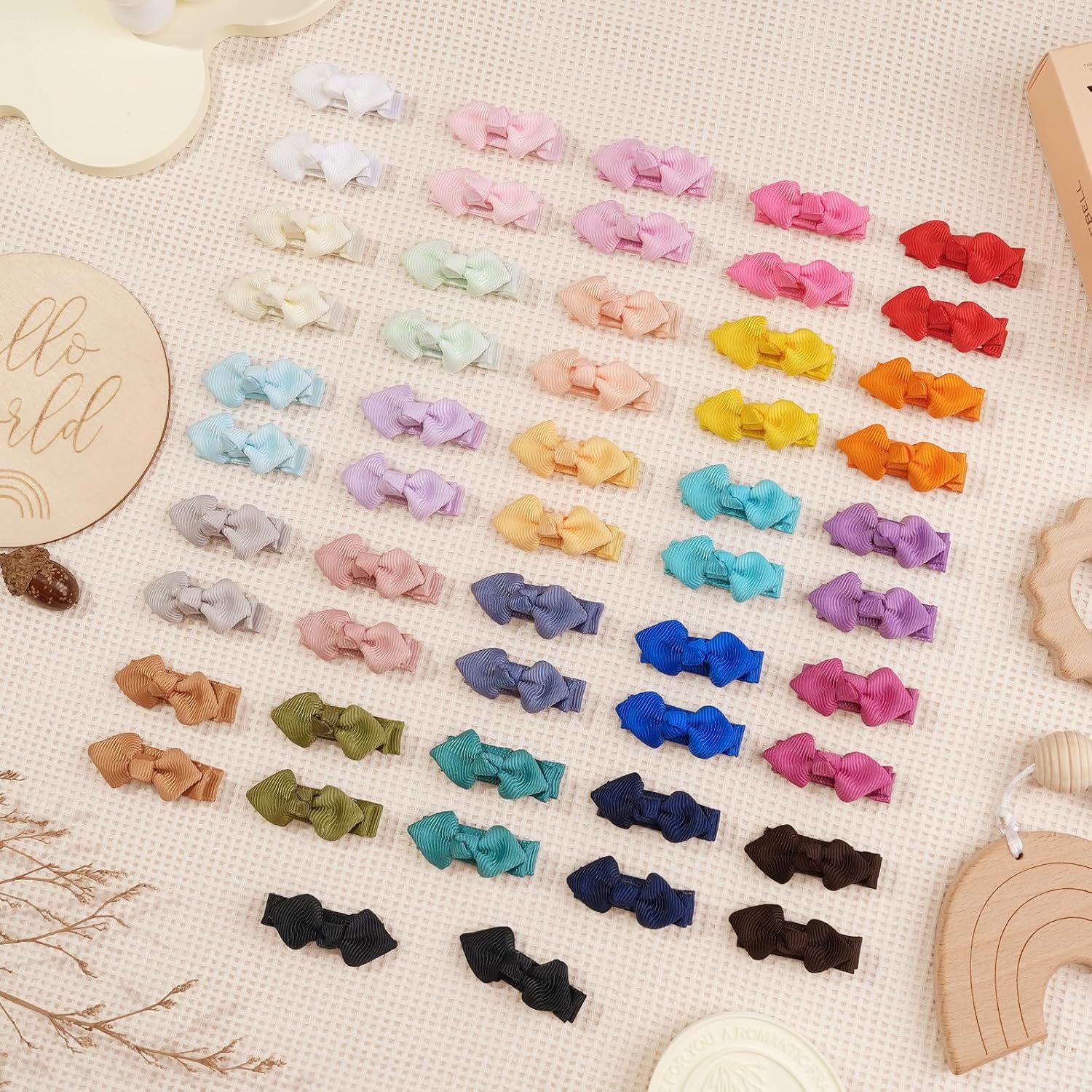 CÉLLOT 52Pcs Baby Bows for Girls Mini Bow Clip Baby Hair Clip Grosgrain Ribbon Tiny Hair Bows Clips for Baby Girls Toddlers Infant Fine Thin Hair（26Colors in Pairs）