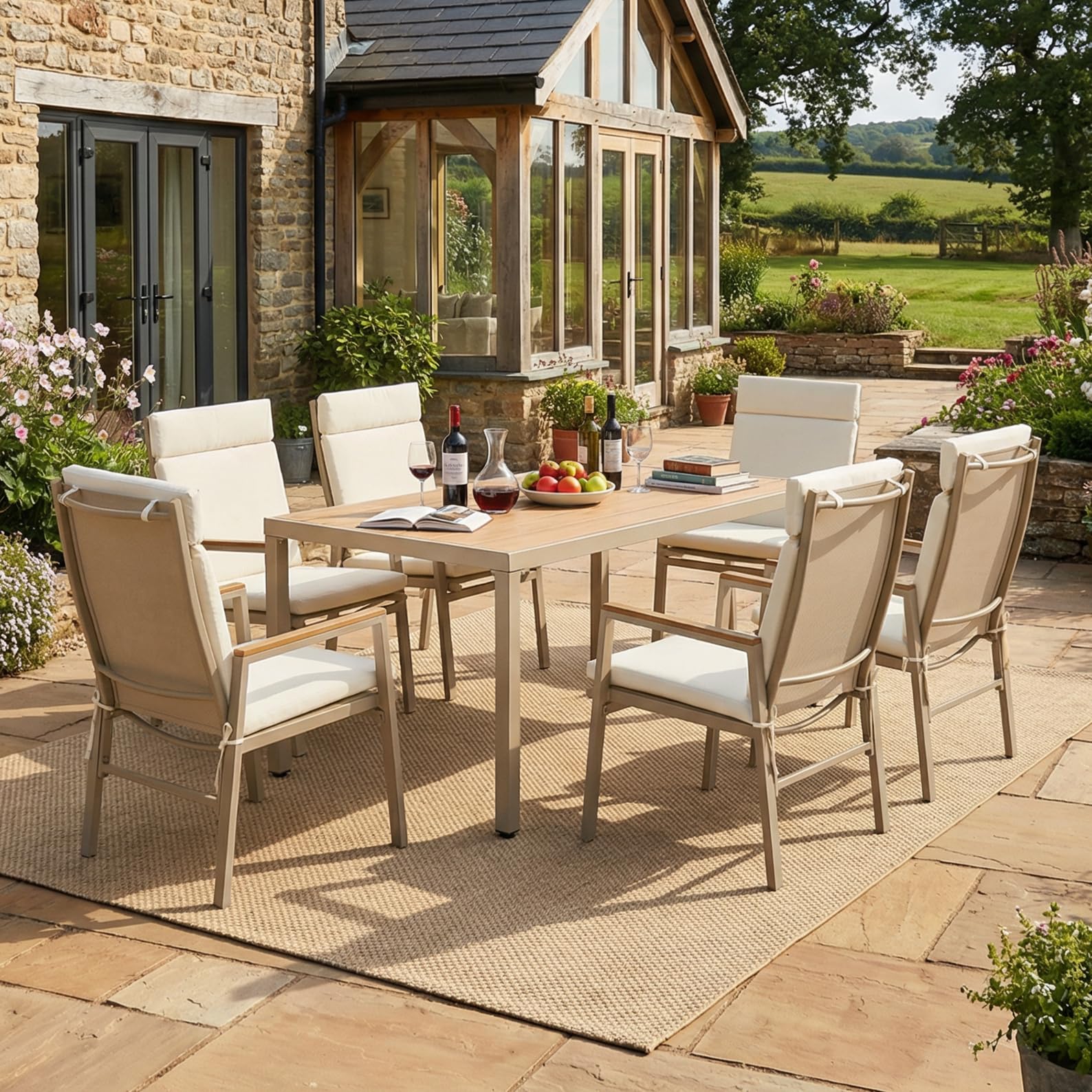 Shye Set da pranzo da giardino, 6 persone, 1 tavolo e 6 sedie, ferro zincato, piano in legno di plastica, cachi, beige