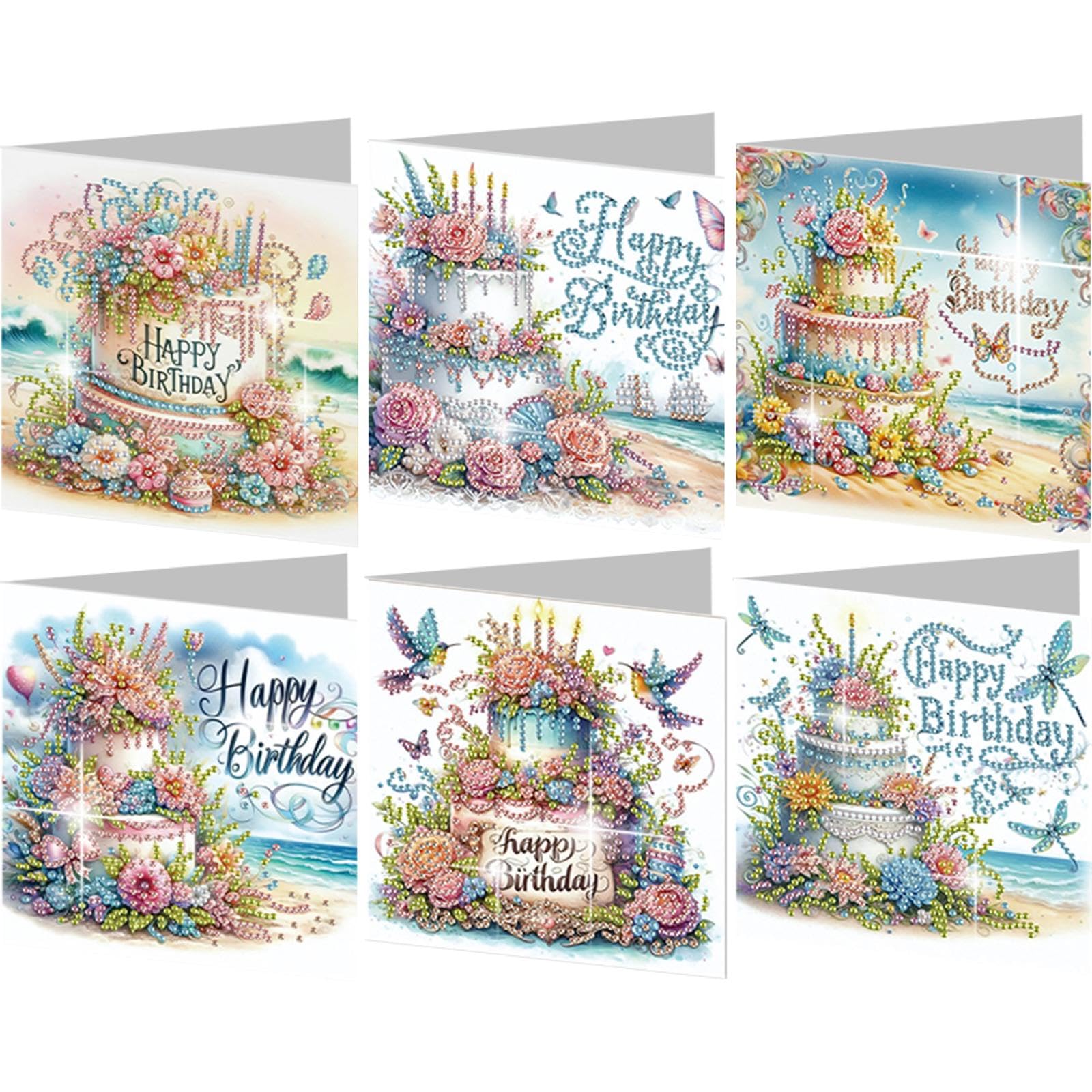 Diamond Art Birthday Cards, 6 PCS 5D DIY Happy Birthday Card Kits with Envelopes for Adults, Handmade Diamond Painting Greeting Cards, Unique Postcard Gift for Family & Friends