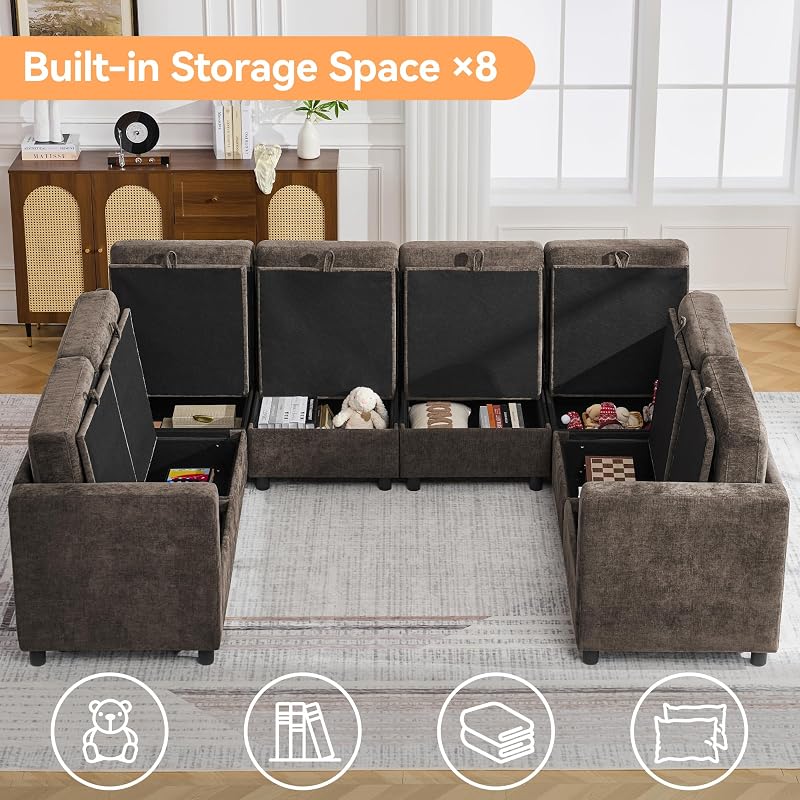 104'' U Shaped Modular Sofa, Sectional Couches with Storage for Living Room, Oversized 8 Seater Cloud Sectional Couch, Chenille Brown image 3