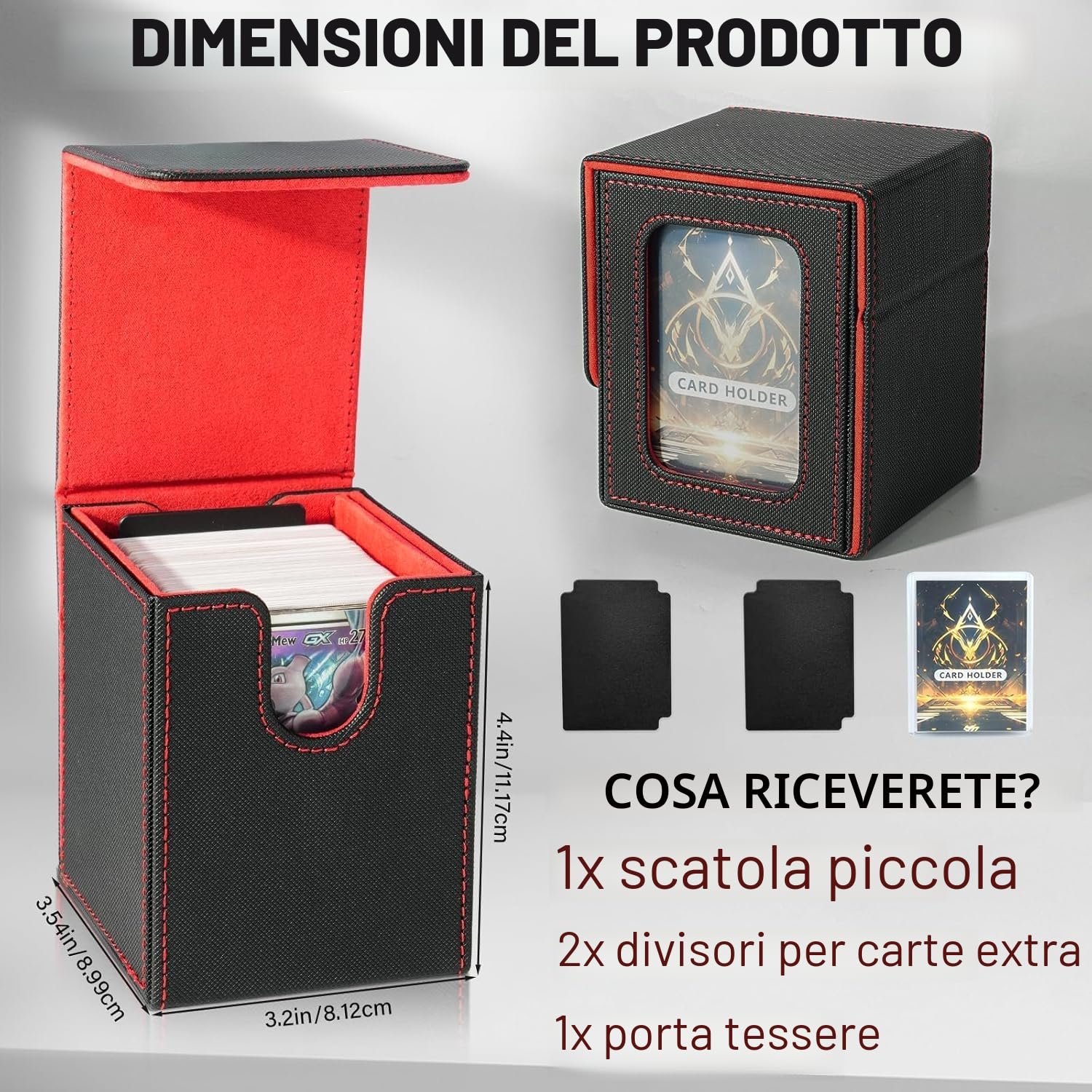 Deck Box con Due Divisori,Magnetic Flip Deck Box Magic mit Display per MTG Magic Commander TCG,Porta Deck Capacità di 100+ Carte,Pelle PU Deckbox,Nero Rosso
