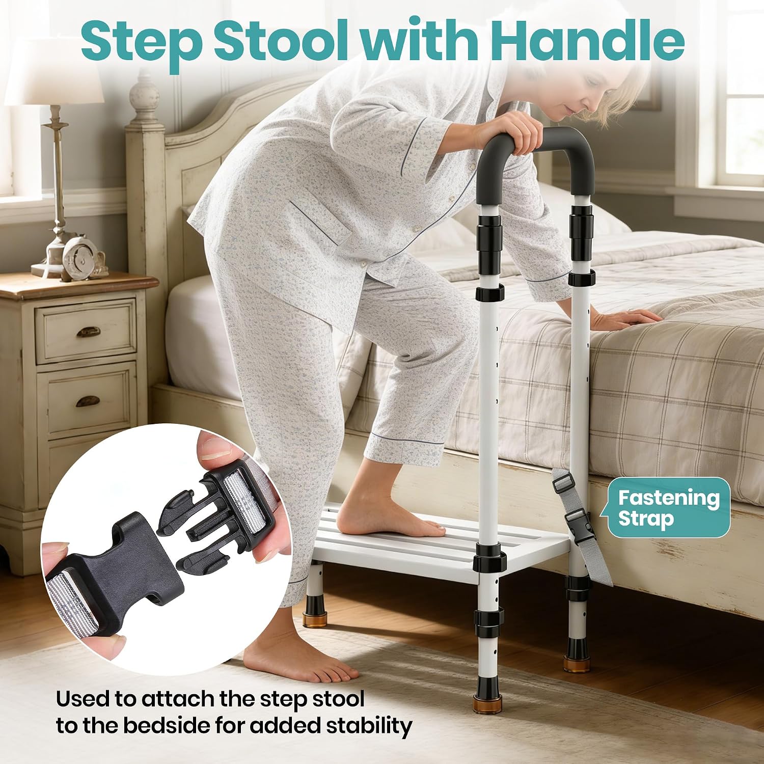 Wide Platform Medical Step Stool with Handle for Elderly/Adults - Heavy Duty 800lbs Capacity, Adjustable Handrail (32.5”-40.4”) for Bed, SUVs/Trucks & Bathroom Safety Classic White