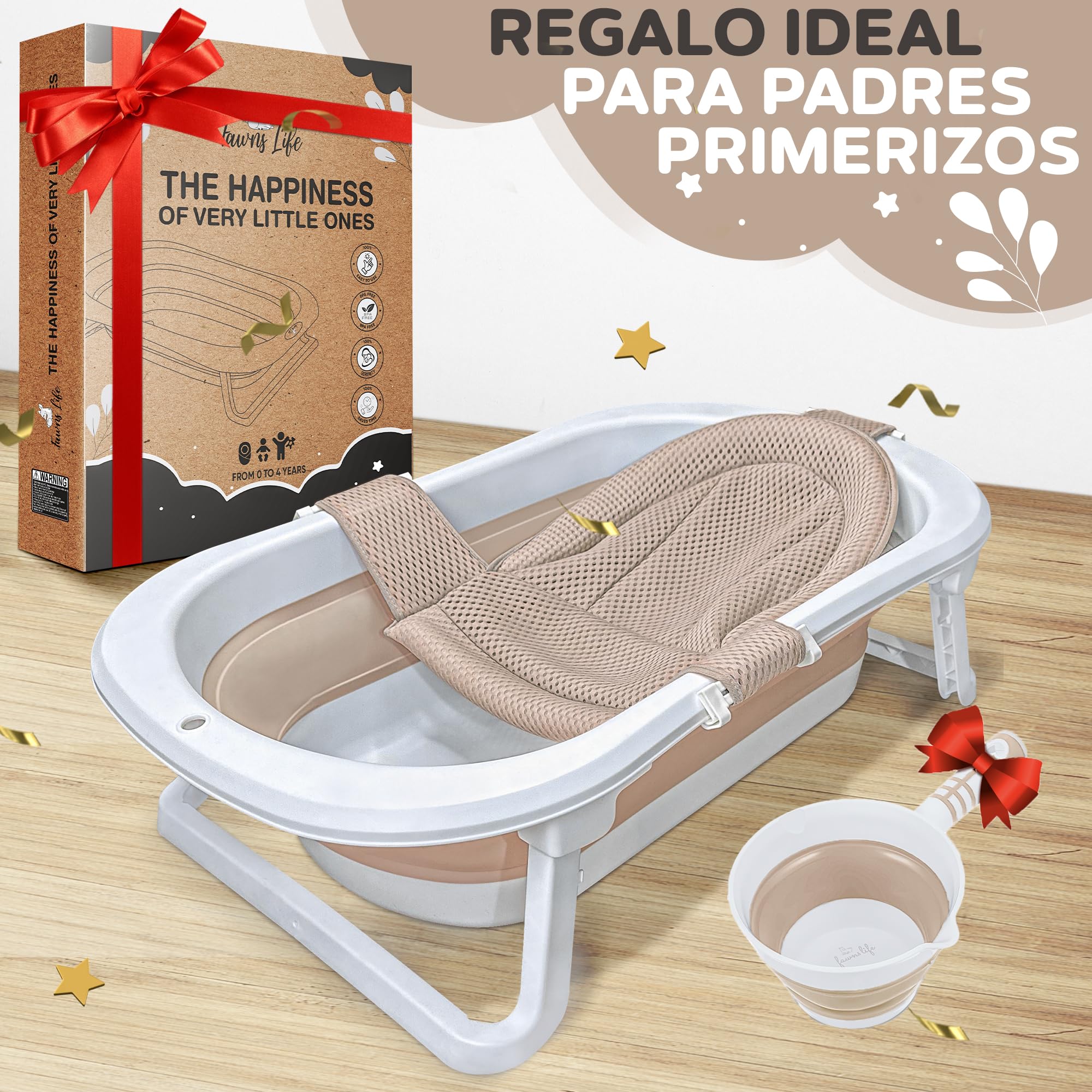 Bañera Plegable XXL para Bebé FawnsLife – Bañera para Bebé con Patas, Asiento Confortable y Pequeño Cubo de Agua Plegable – y Práctica para Espacios Reducidos y Desplazamientos