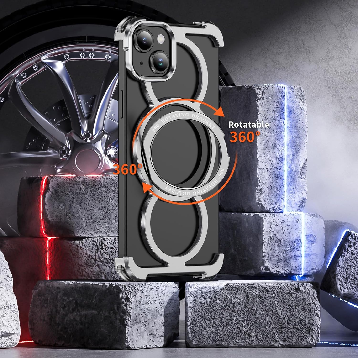 Skeleton Case for iPhone 15 Titanium Style Military-Grade Drop Protection 360° Rotating Kickstand Ring Grip Compatible with Quick Charge Bumper for Apple iPhone 15. AJ Silver