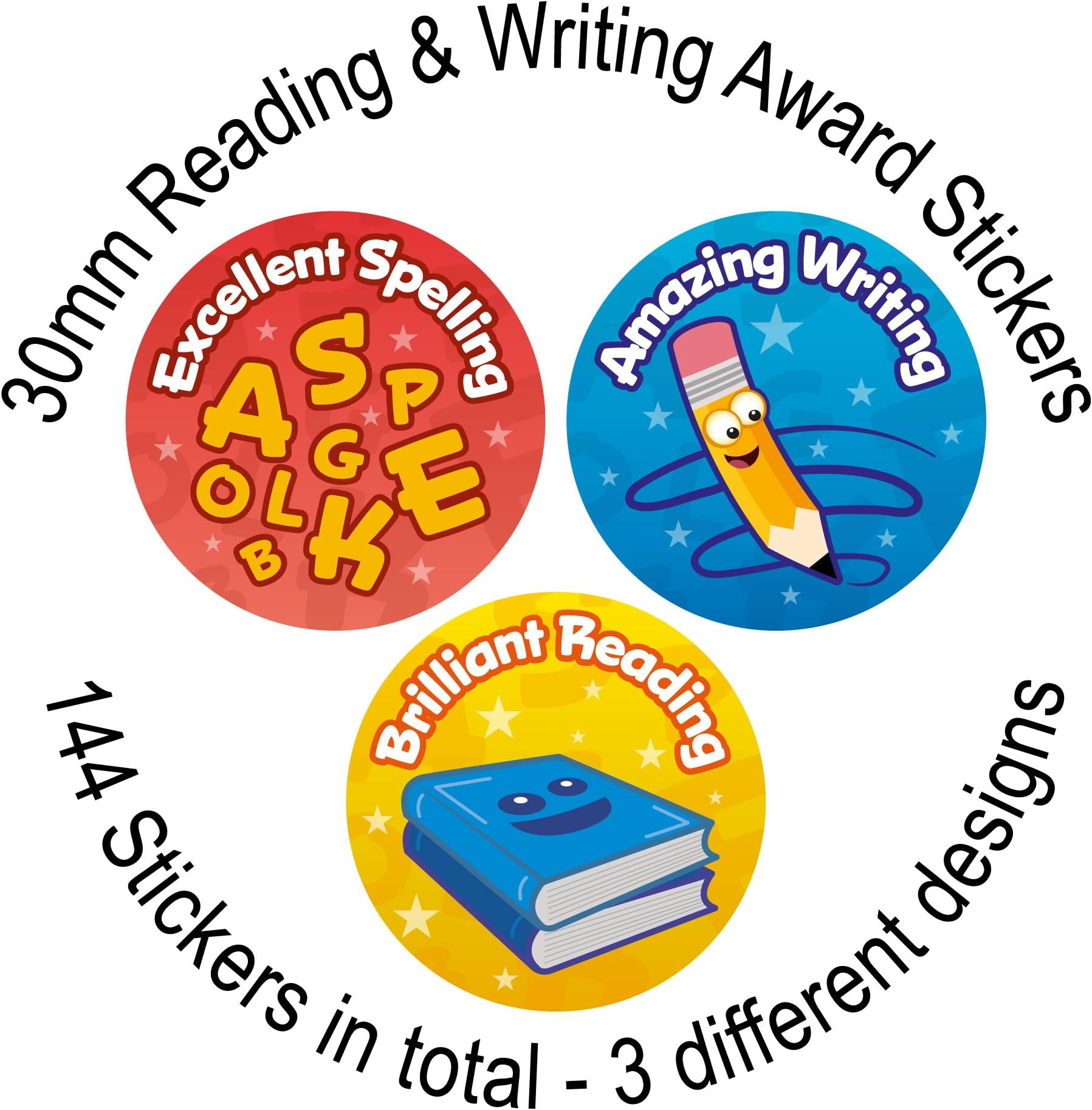 Reading, Writing & Spelling Reward Stickers - 144 30mm Stickers - 3 Designs