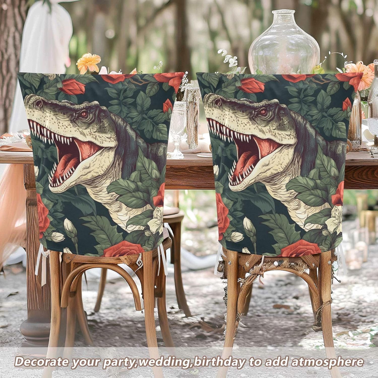 ALAZA Vintage Dinosaur Red Flowers Chair Back Cover Set of 6, Washable Reusable Removable Chair Slipcovers Decorative Chair Cover for Home Kitchen Wedding Party