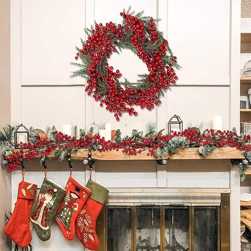 Miniatura 5 de Guirnalda de bayas artificiales de 6.4 pies, guirnalda de Navidad roja con bayas para árbol, repisa, mesa, chimenea, decoración navideña de interior
