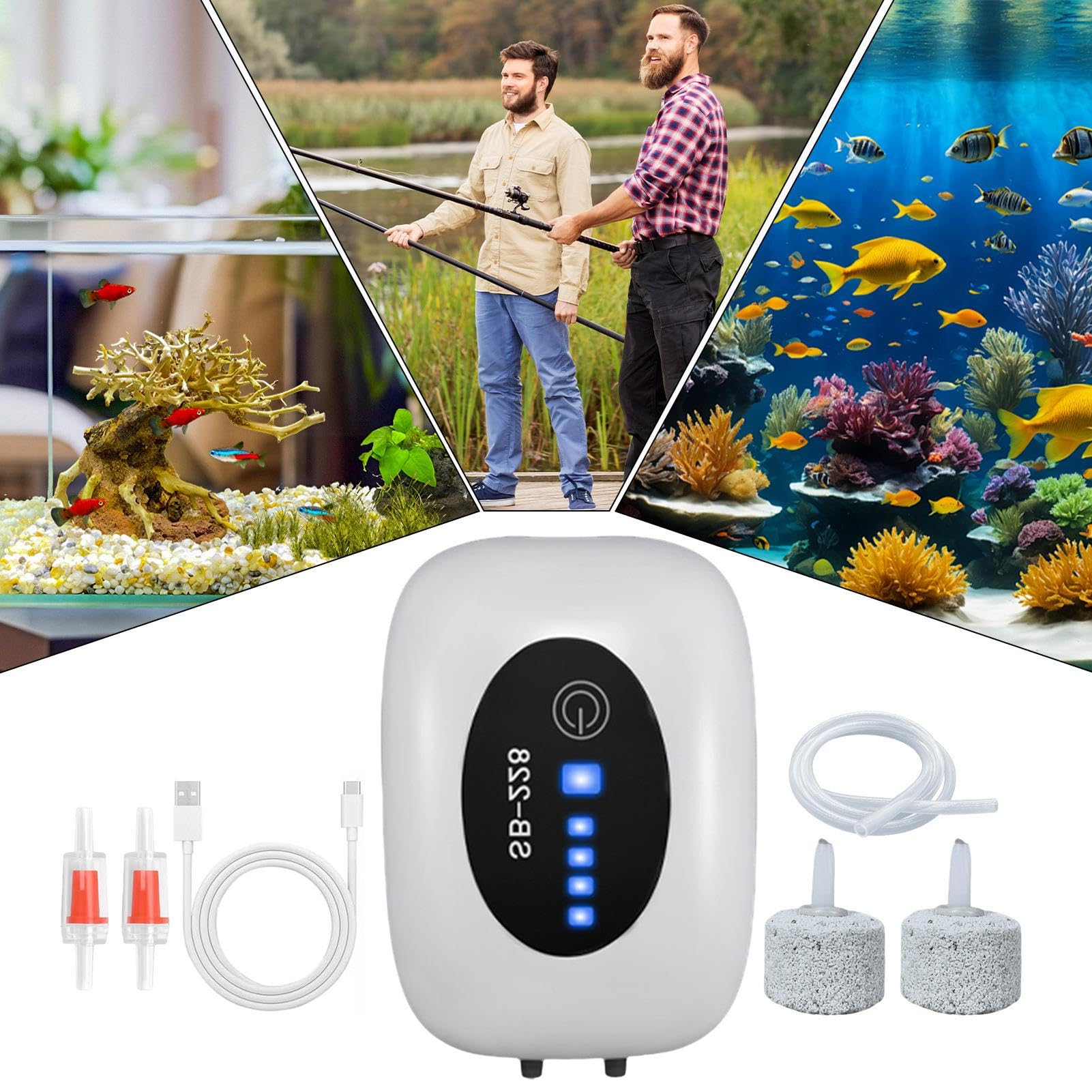 Pompa ad aria per acquario ricaricabile silenzioso aeratore ossigeno con 2 uscite | Aeratore per acquario, per fontana di stagno, idroponica, acqua salata, piante vive, per esterni e interni