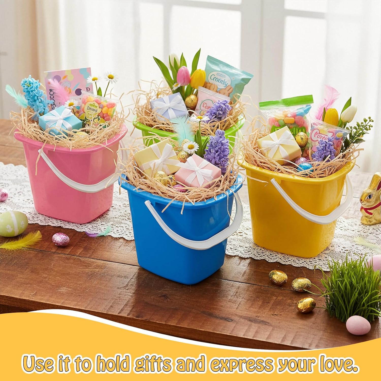 FillTouch 12 Pack 7.5 Inch Easter Buckets for Egg Hunt with Raffia Grass Plastic Easter Basket with Handles Colored Square Pails Bulk for Party Favors Themed Supplies Festive Decorations Friend Gift