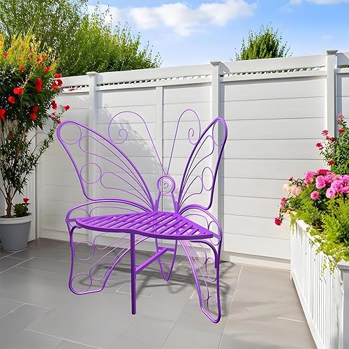 Miniatura 4 de Banco de exterior en forma de mariposa, banco de jardín morado con marco de metal estable y resistente, silla de metal para exteriores, banco