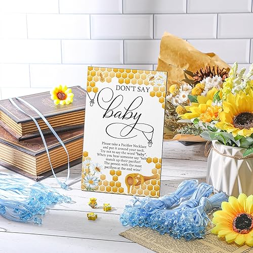 Miniatura 5 de Geetery 51 piezas de letrero de juego de Baby Shower Cool Baby Shower Game 50 collares de madera con texto en inglés "Don't Say Baby" (abeja, azul)