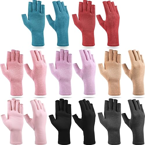 Crowye 8 Pairs Arthritis Compression Gloves Relieve Muscle Pain Fingerless Gloves Bulk Typing coverings for Women Men - Colorful - Small