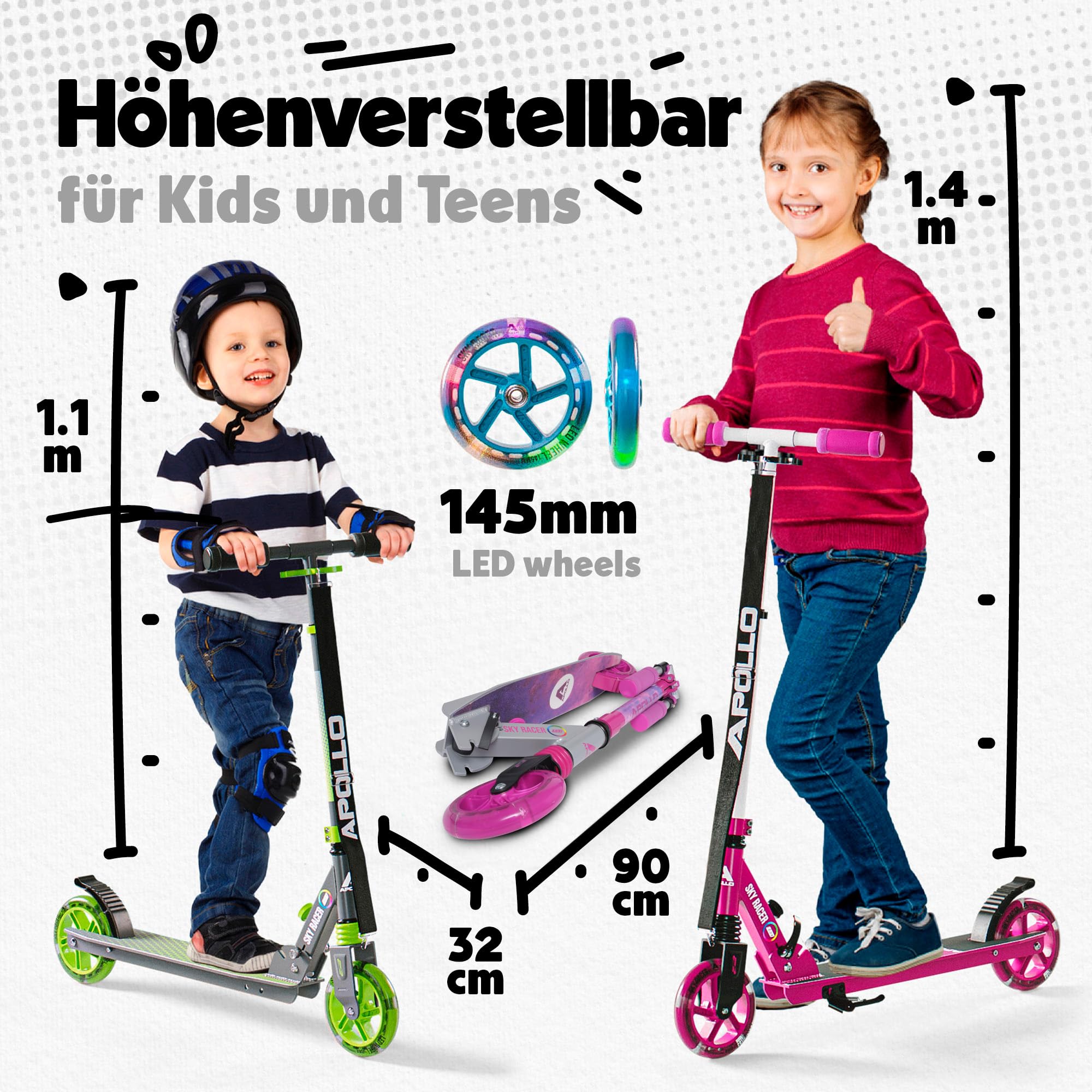 Apollo Skyracer City Roller mit LED Leuchträdern, Roller für Kinder ab 6 Jahre, City-Scooter mit Federung, Tretroller für Kinder und Teens, klappbar und höhenverstellbar