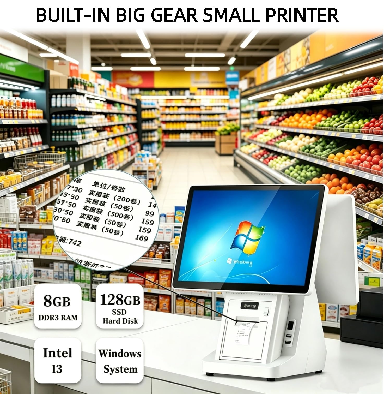 Terminale di pagamento del negozio al dettaglio, macchina POS touch screen con schermo da 15,6 pollici, stampante termica da 58 mm, 8 GB di RAM, SSD da 128 GB per piccole imprese