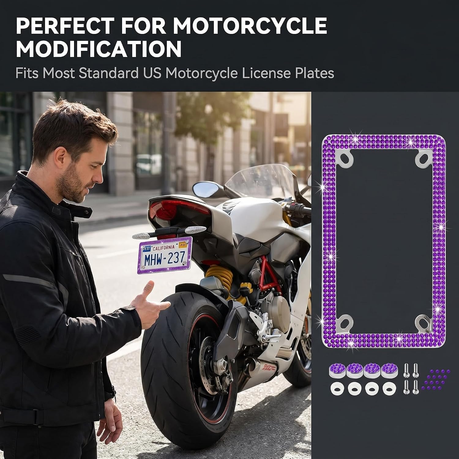 Fashion Motorcycle Glass Crystal Premium Purple Bling License Plate Frames,Exclusive Bling Motorcycle License Plate Holder,Motorbike Rhinestone License Plate Covers(1PC) image 4