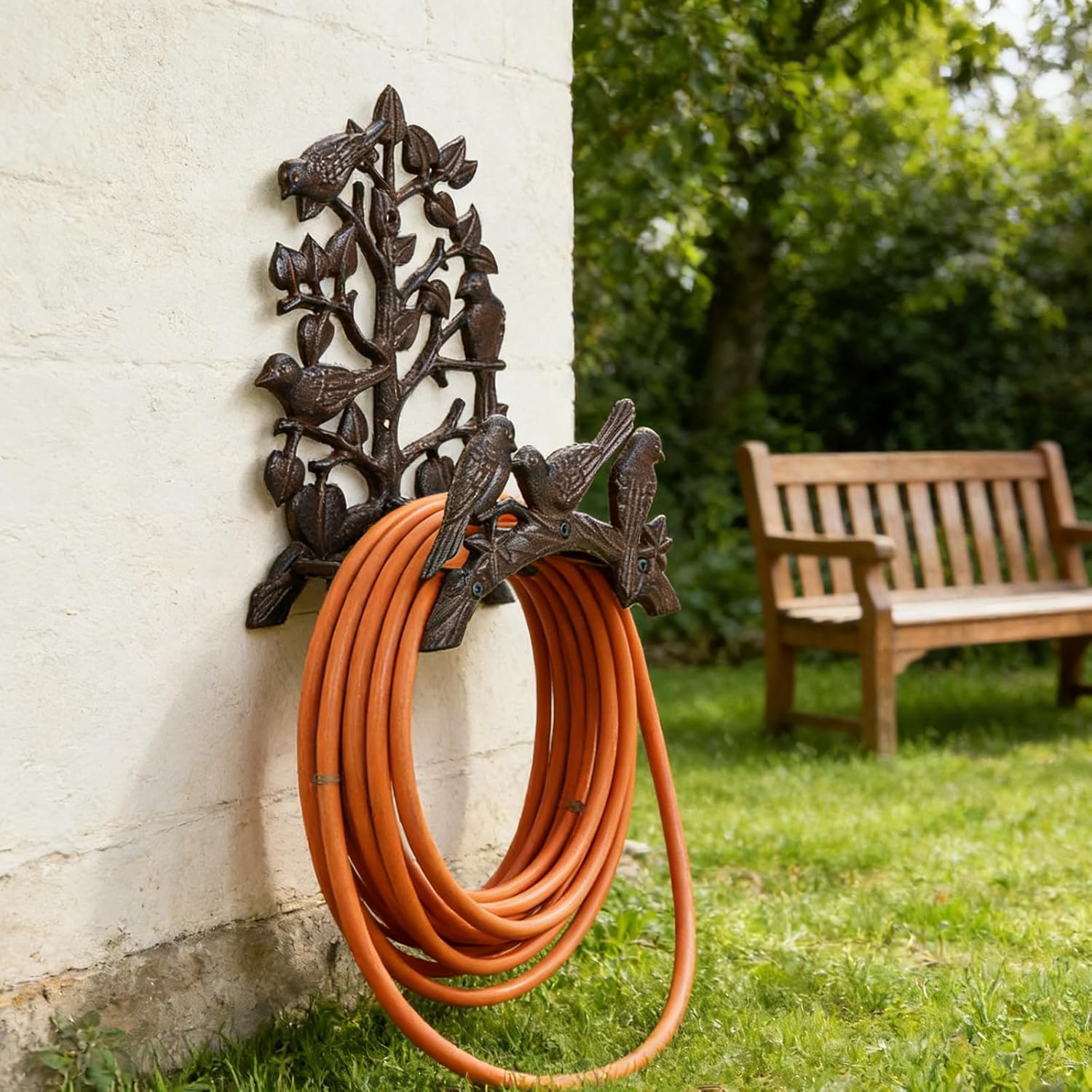 Rustic Rust Brown Cast Iron Garden Hose Holder, Wall-Mounted Bird & Tree Design, Durable Outdoor Hose Storage for Garden, Yard, Fence - Vintage Style Decor (9.3" Height) HC1418
