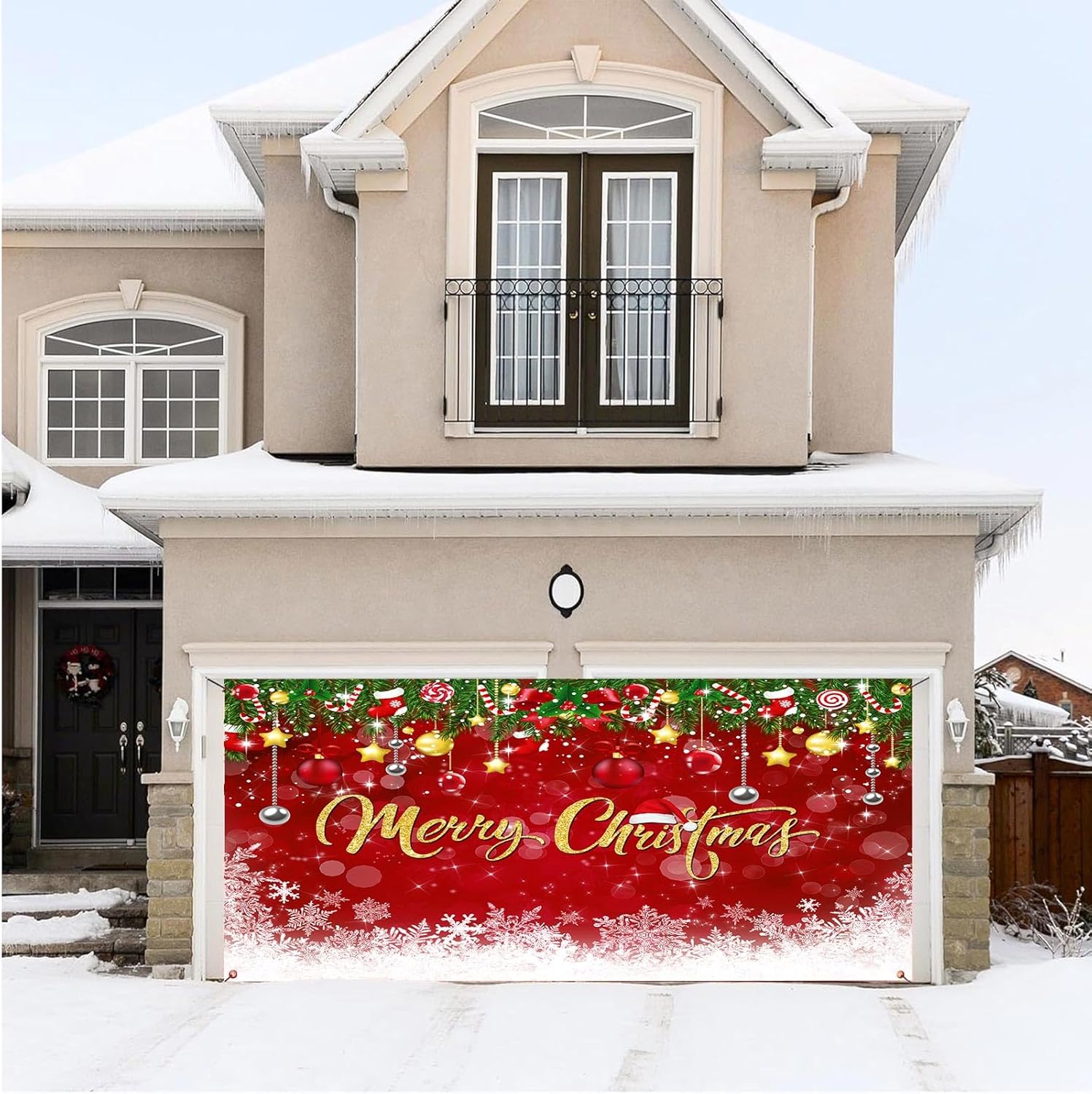 MERCHR Christmas Garage Door Decoration 16 x 7 ft, Winter Merry Christmas Happy New Year Garage Door Cover Christmas Tree Banner Indoor Outdoor Wall Decoration
