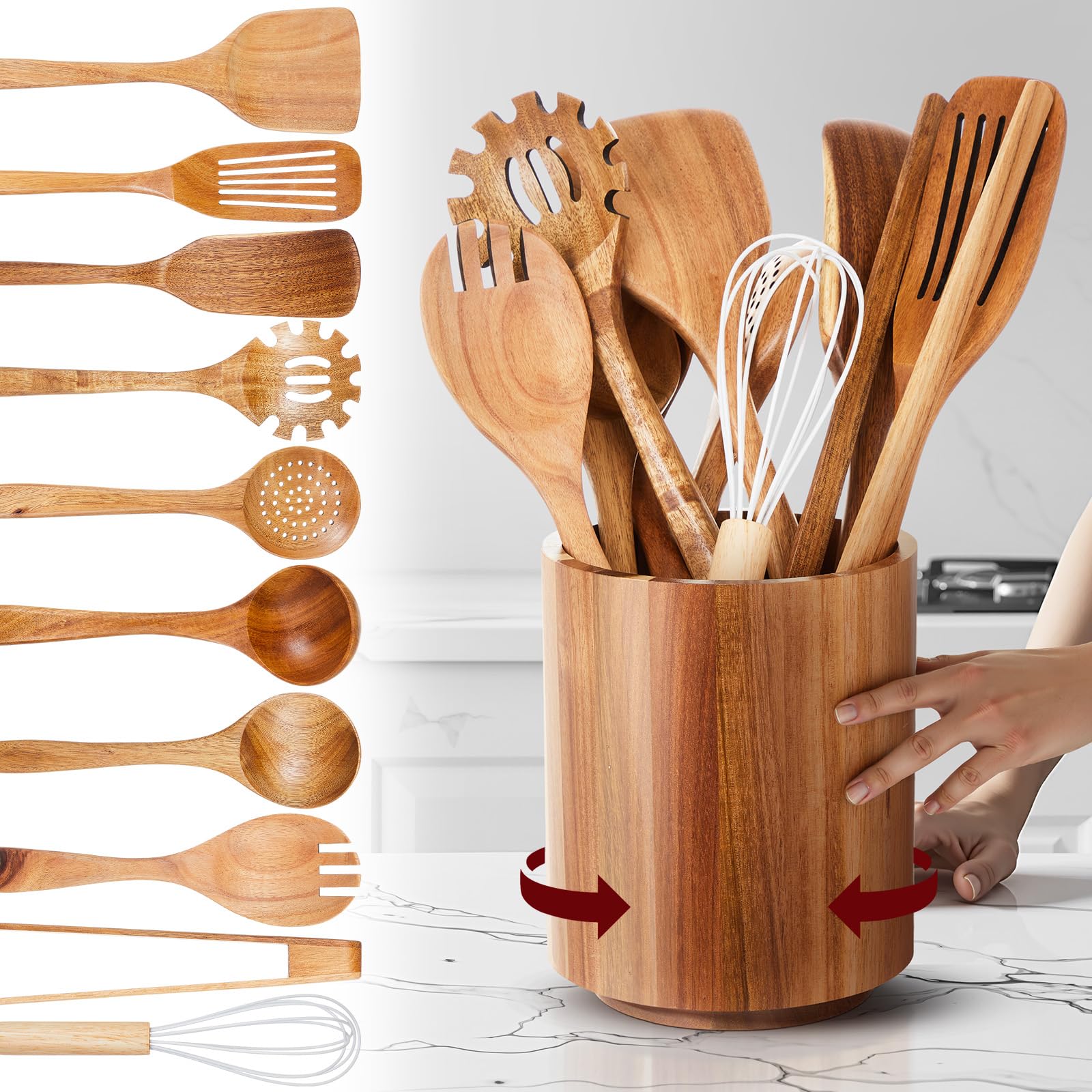 SiliFine 11-Piece Acacia Wood Set with Rotating Holder
