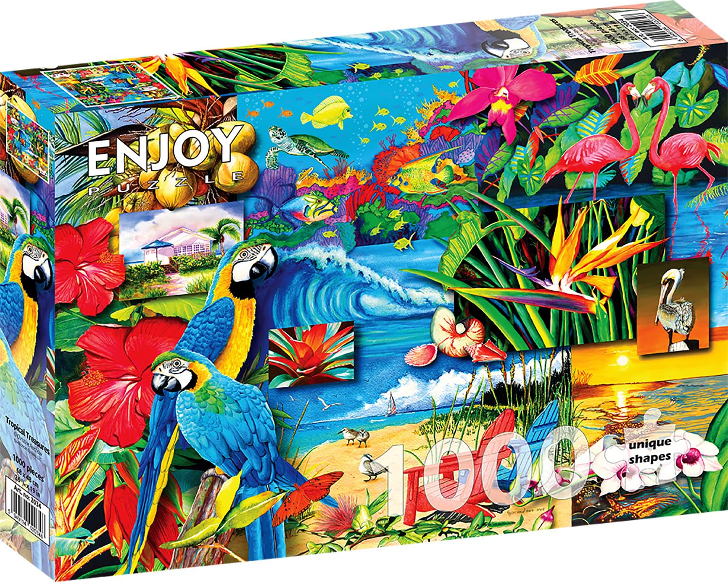 1000 Pieces Jigsaw Puzzle – Matte Finish, Soft Touch, Easy to Assemble, Tight Fit, Vivid Colors, Missing Pieces Service – Tropical Island Collage of Flowers Birds Fish and Sea by ENJOY Puzzle — image 1