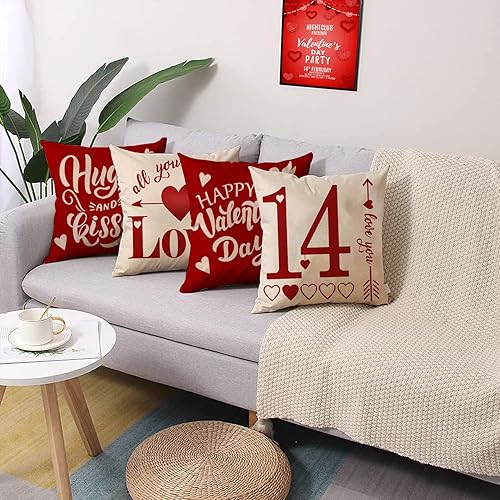 Miniatura 7 de Juego de 4 fundas de almohada decorativas con texto en inglés Happy Valentine's Day de 20 x 20 pulgadas, diseño de flechas de corazón rojo, porche,