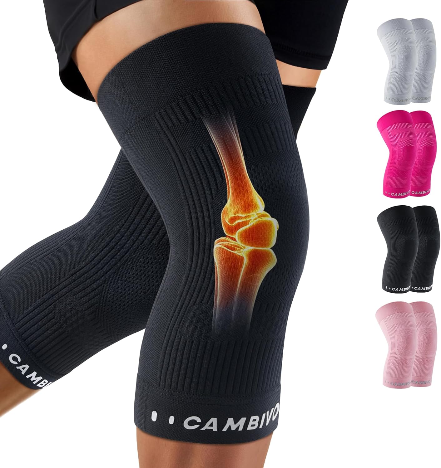 CAMBIVO Elite Motion Series Knee Brace for Women and Men (2 Pack), Ultra-Thin Lightweight Knee Compression Sleeve with Reflective Design for Pain Relief, Running, Workouts, Daily Use (Black, X-Large)