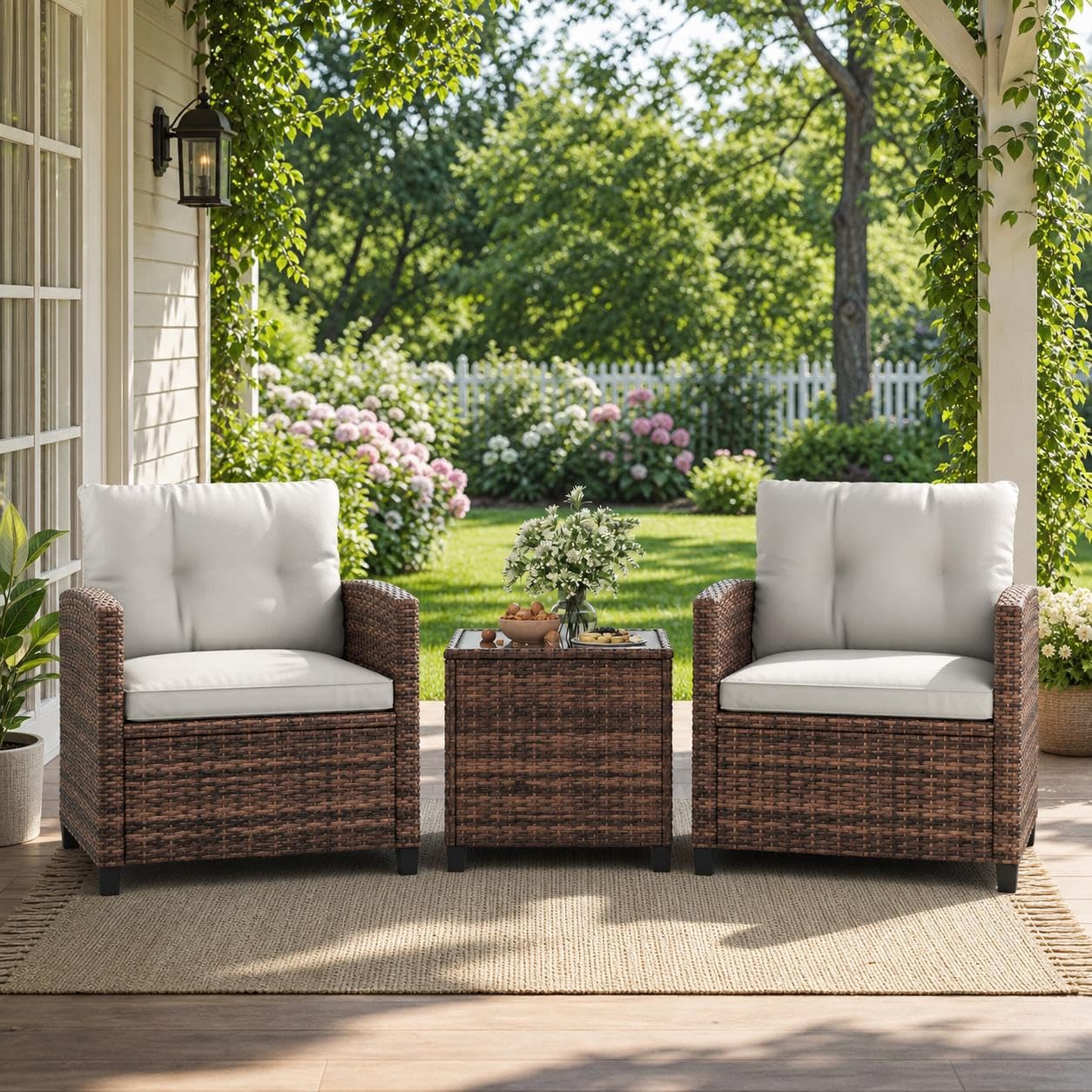 3 Pieces Rattan Bistro Set, Wicker Garden Furniture Set with All-Weather Cushions, Patio Seating Set with Tempered Glass Side Table & Washable Cushion Covers for Outdoor Backyard, Patio, Balcony