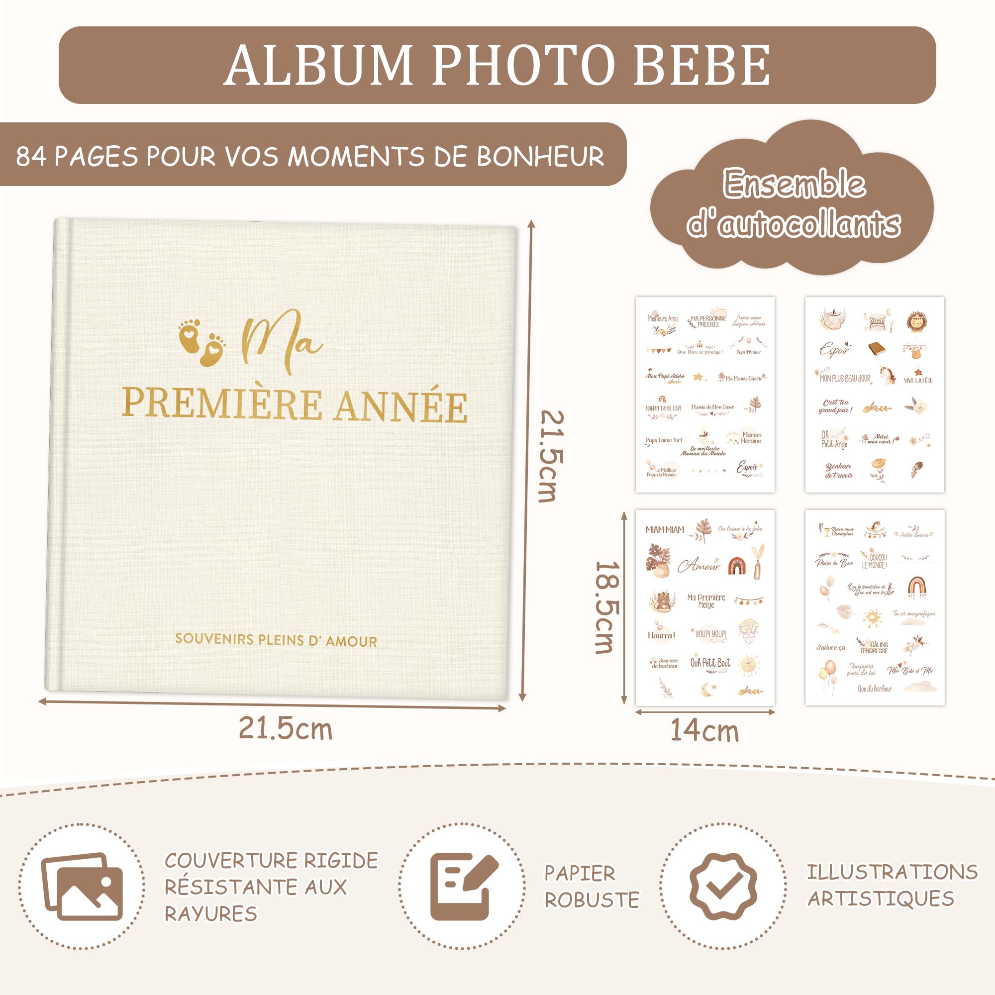 Hyggartn Album de Naissance Bébé 84 Pages avec Autocollants – Journal de la Première Année à Remplir avec Photos, Textes et Jalons Importants, Cadeau Fille Garçon (lin beige) - 3
