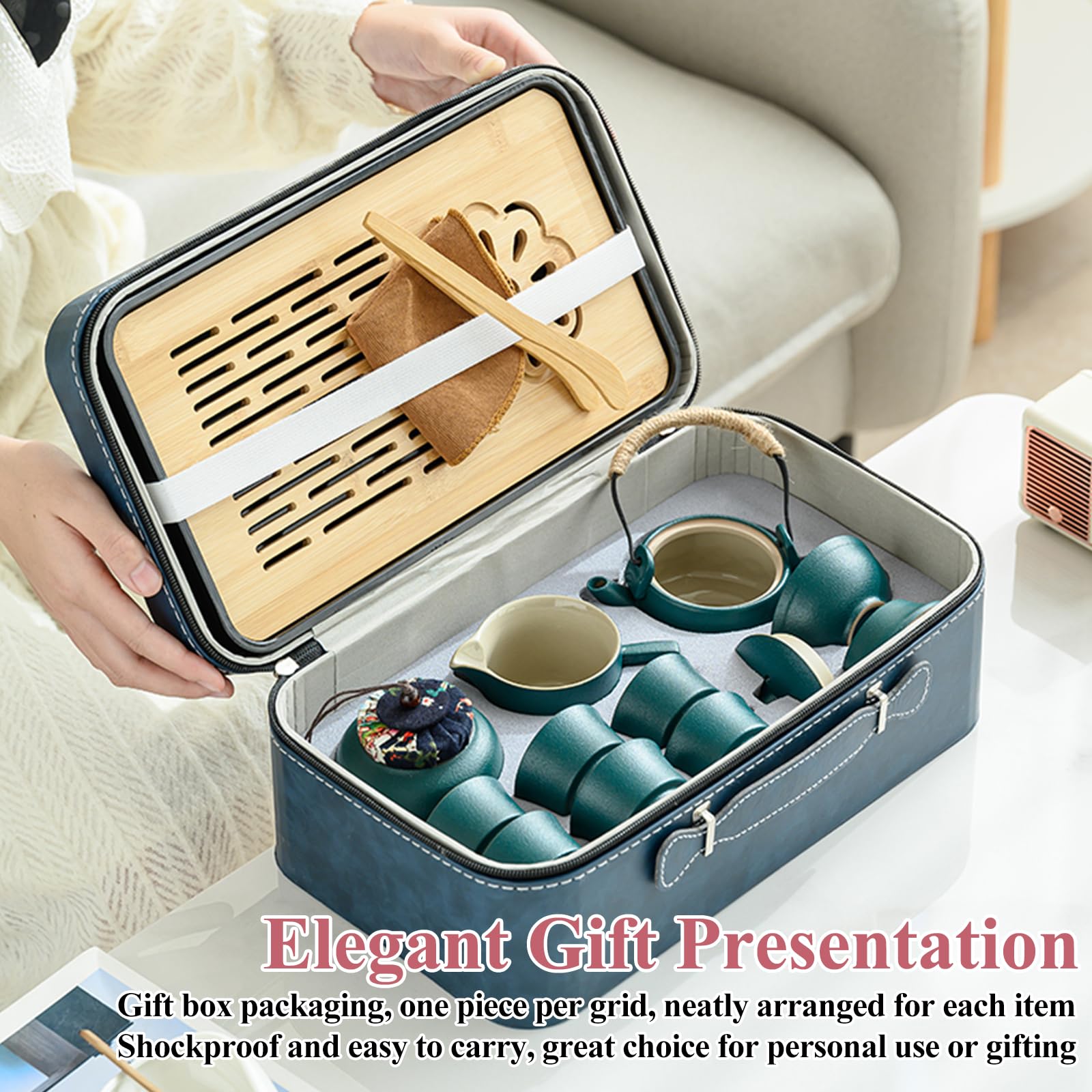 Service à thé chinois japonais, 14 pièces Gongfu avec 6 petites tasses, plateau à caniste, passoire traditionnelle, kit de cérémonie du thé Kung Fu portable en céramique pour la maison, le bureau, les