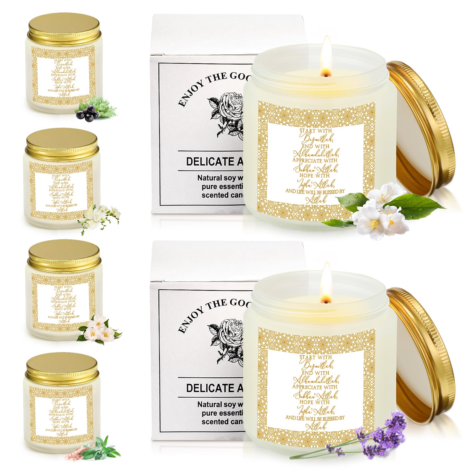 MTLEE 6 Pcs Eid al-Adha Scented Candles Gift Set, Bismillah Islamic Soy Wax 3.5 oz Natural Aromatherapy Jar Candles for Eid Mubarak, Muslim Ramadan Home Decor, Gifts for Muslim Friends Family (White)