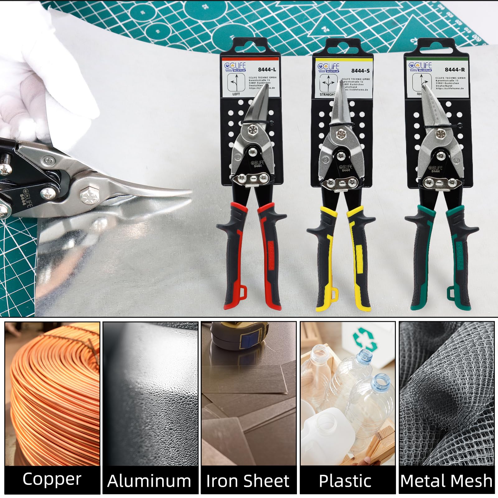 CCLIFE 3pcs ciseaux metaux Cr-Mo ciseaux a tole cissaille a metal tin snips 250mm de directement Gauche et Droite pour Découpe les profiles tôle pour plaque en acier inoxydable, fer, aluminium