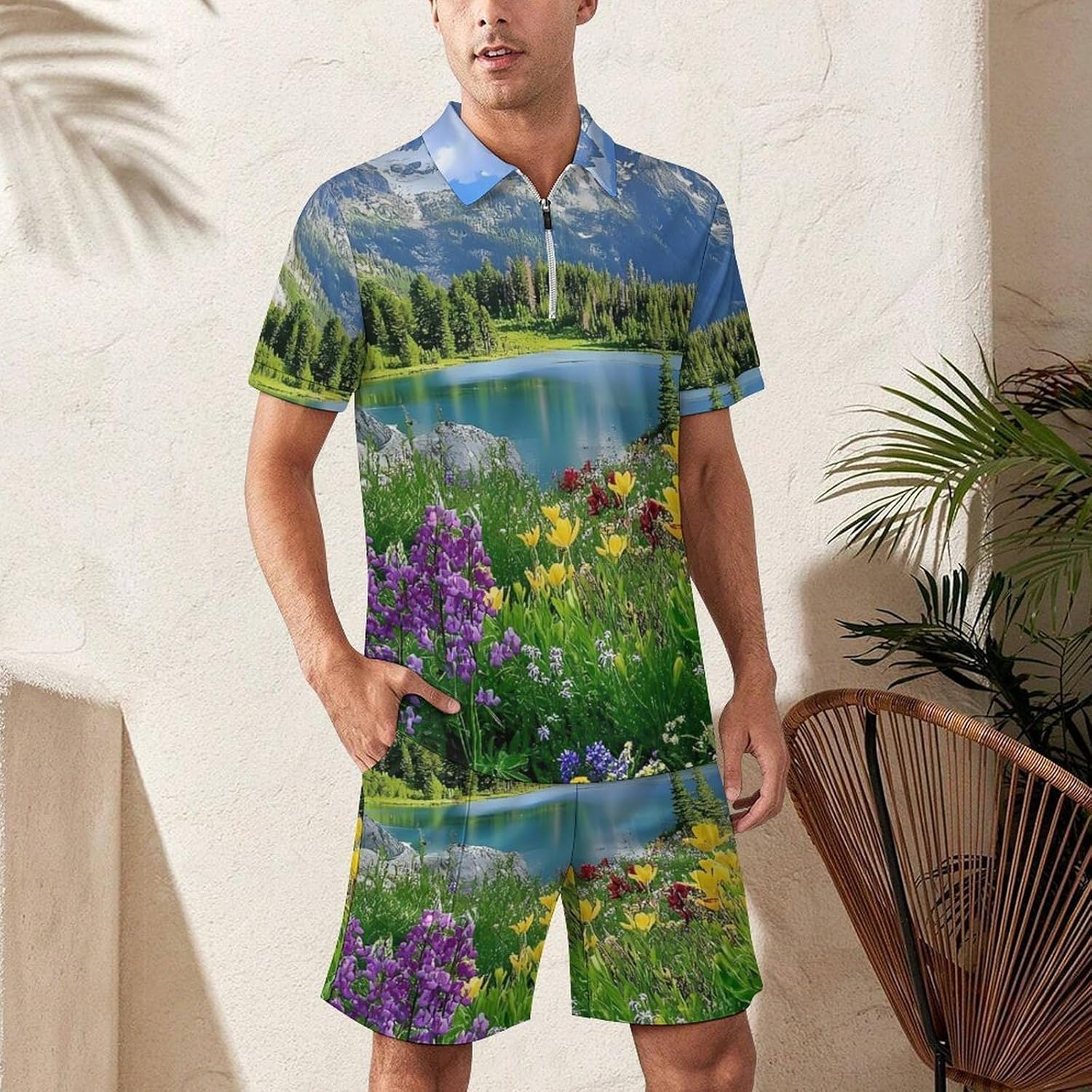 Mountain Grand Teton Landscape Lakeside Mens Polo Shirts Track Suits 2 Piece Short Sleeve Sweatsuit 1/4 Zip Golf Loungewear for Sports