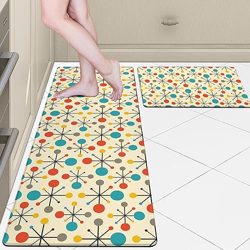 Juego de 2 alfombras de cocina atómicas modernas de mediados de siglo, color amarillo, retro, para decoración de cocina, antifatiga, acolchadas,