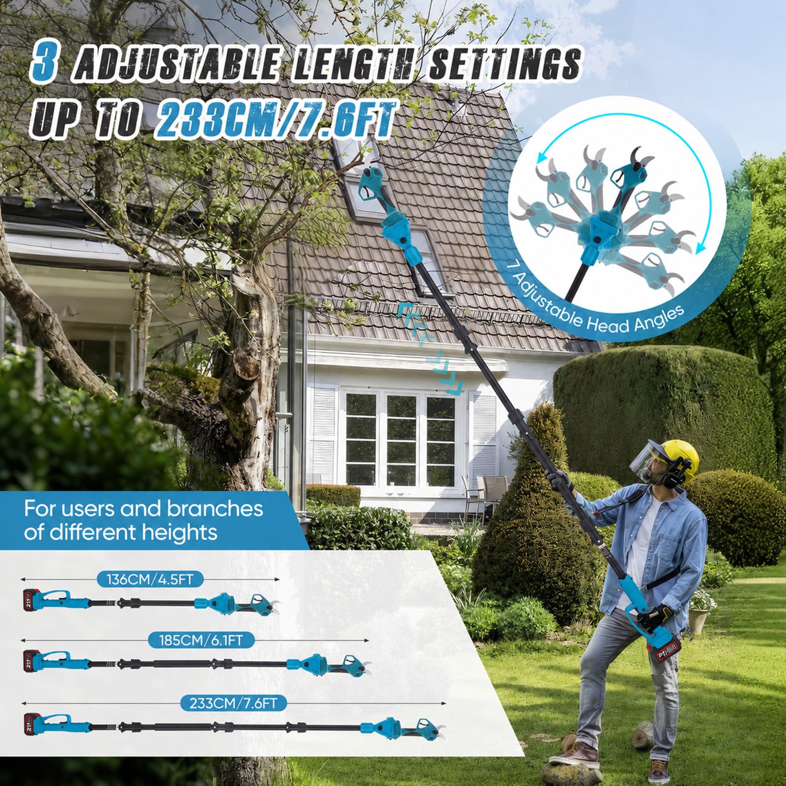 Élagueuse sur perche sans fil 2-en-1 | Perche télescopique de 2,3 m | Écran LCD | 2 batteries 21 V 3,0 Ah | Diamètre de coupe de 40 mm | Compatible Makita | Élagueuse sans fil (2 IN 1)