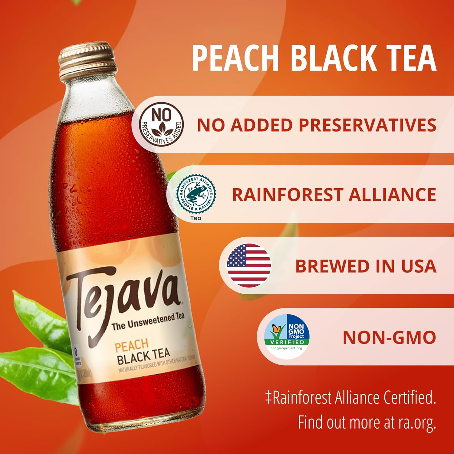 Tejava Peach Black Iced Tea, 24 Pack, 12oz Glass Bottles, Unsweetened, Non-GMO, Kosher, No Sugar or Sweeteners, No calories, No Preservatives, Brewed in Small Batches