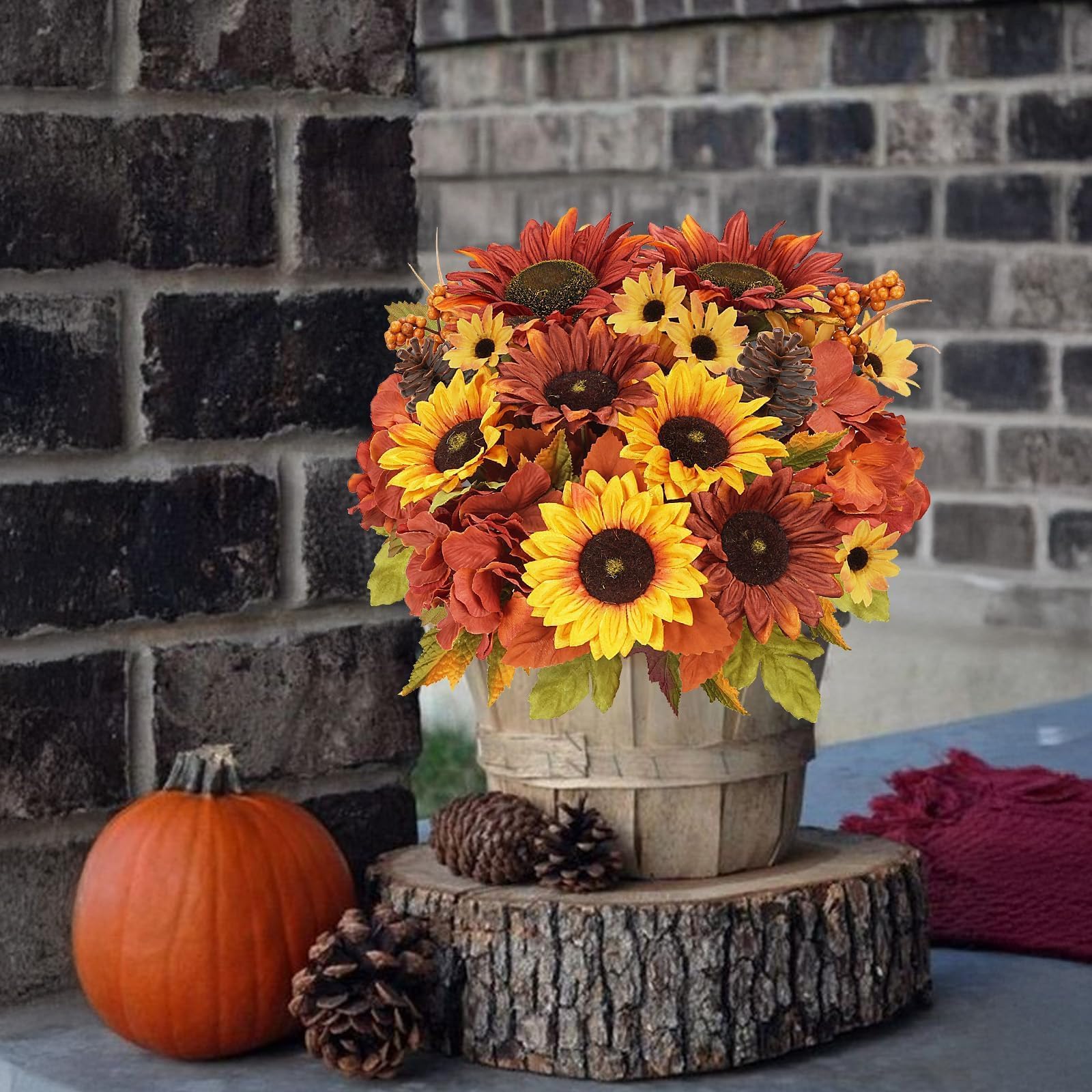 2 fasci di fiori autunnali in seta bouquet con girasoli fiori artificiali ortensie artificiali autunnali composizione floreale arancione finto fiore per casa festa autunno Ringraziamento vaso tomba