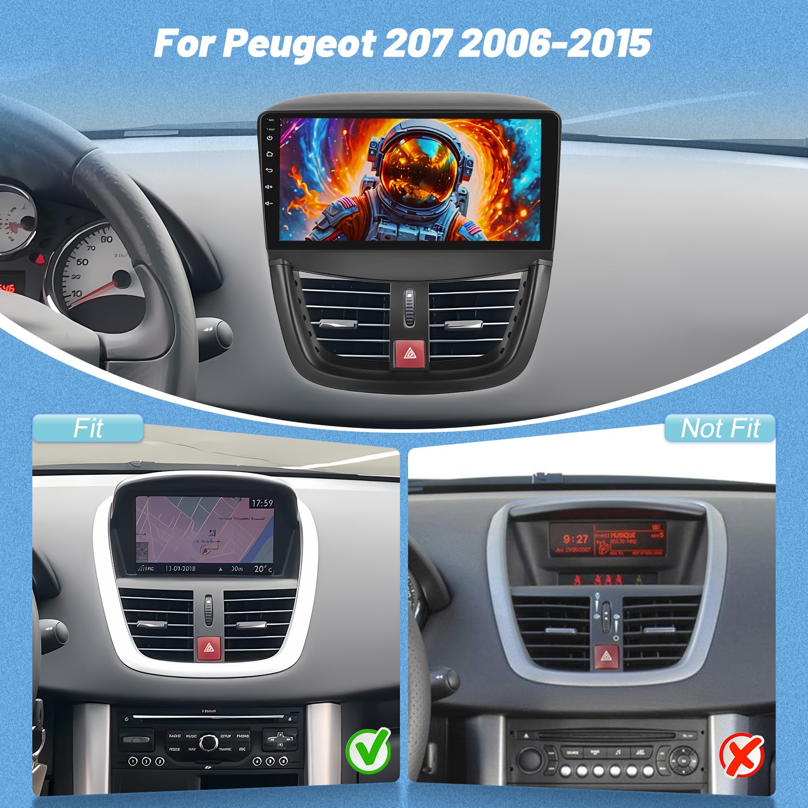 [2+64GB] Android Autoradio pour Peugeot 207 2006-2015, Autoradio 9 Pouces avec Écran Tactile, CarPlay & Android Auto, WiFi, GPS, Radio FM RDS, Caméra de Recul