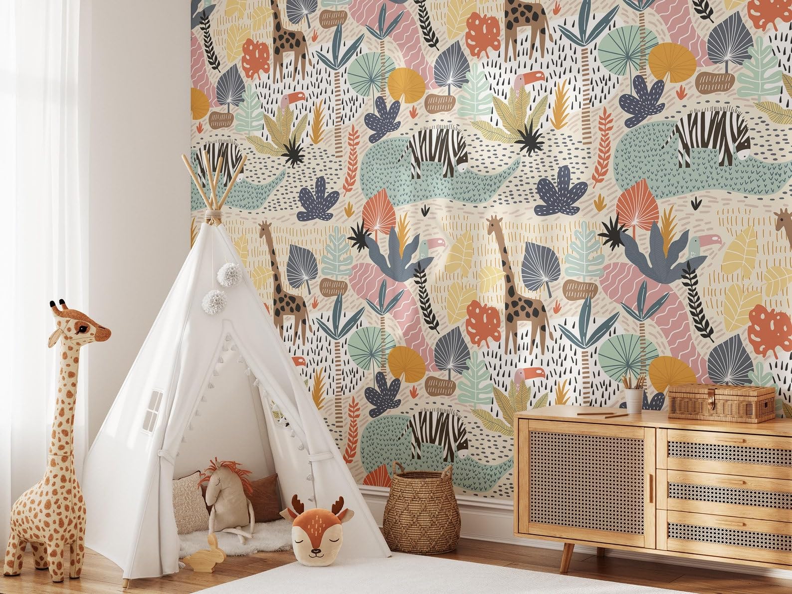 Coloritto Childish Jungle Animals Wallpaper | Removable Self Adhesive Tropical Landscape Wallpaper | Colorful Kids Play Room Wall Decor (1 roll 24" W