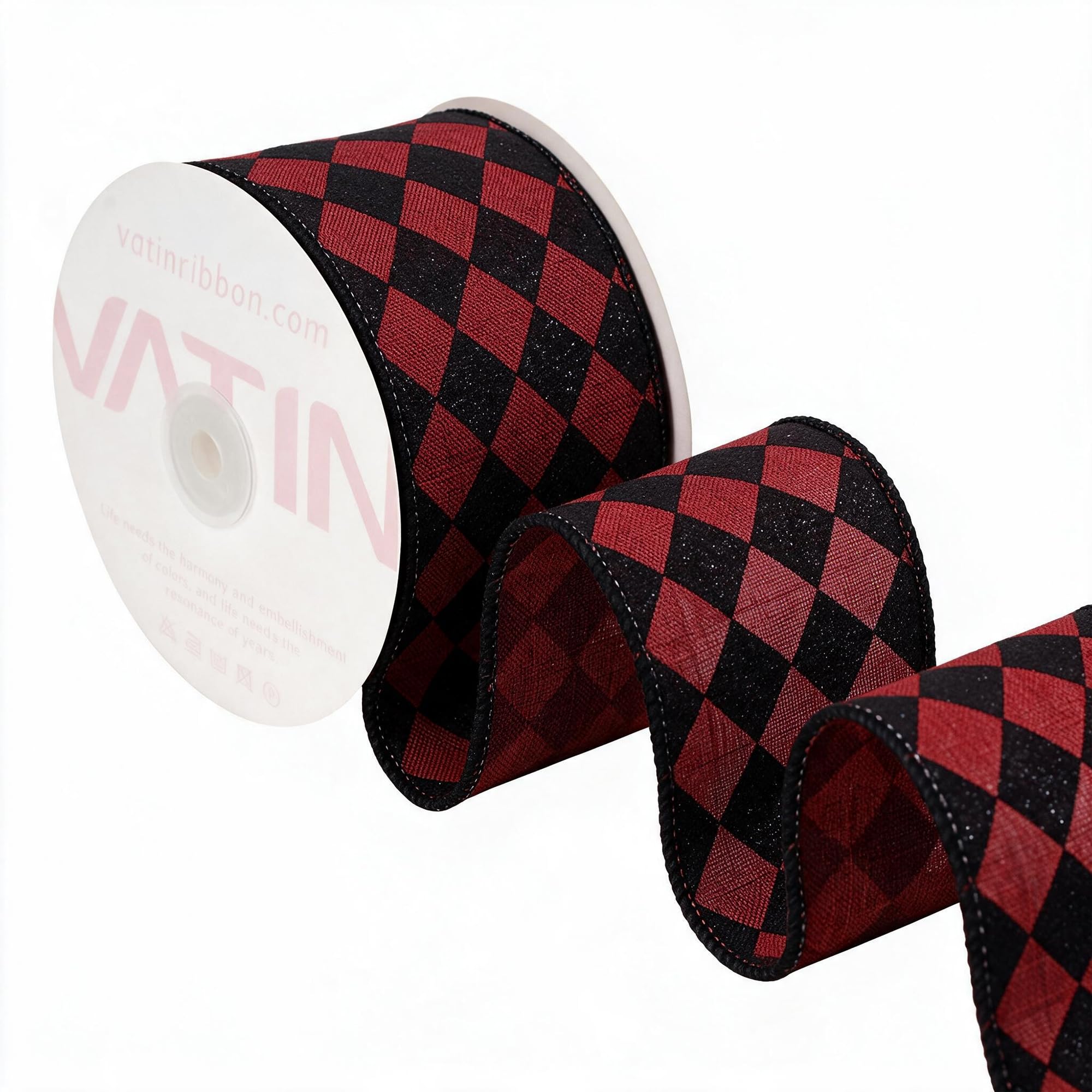 VATIN Red Base Black Glitter Diamond Check Wired Ribbon, 64 MM x 9 M